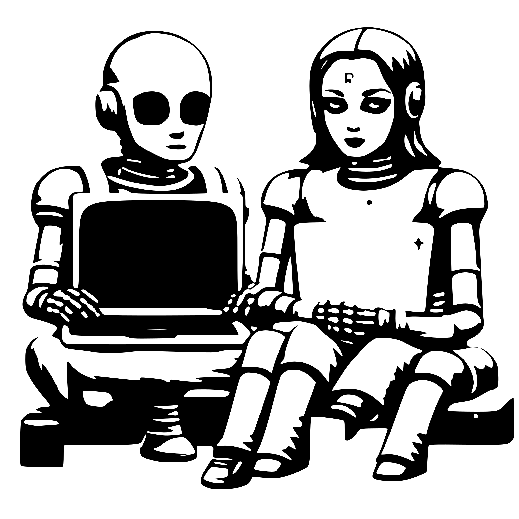 AI-generated SVG of 'couple of  AI Robo Humans side by side looks like hackers sitting on front of laptops and programming something'
