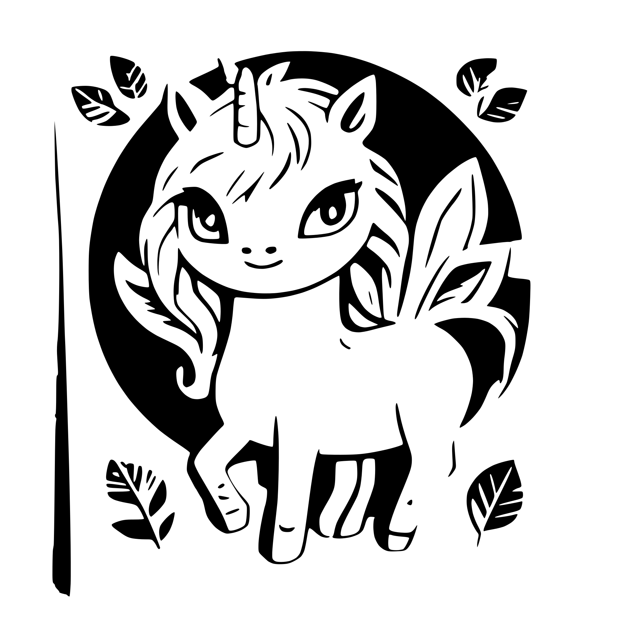 AI-generated SVG of a cute full body unicorn with flowing hair and wings smiling