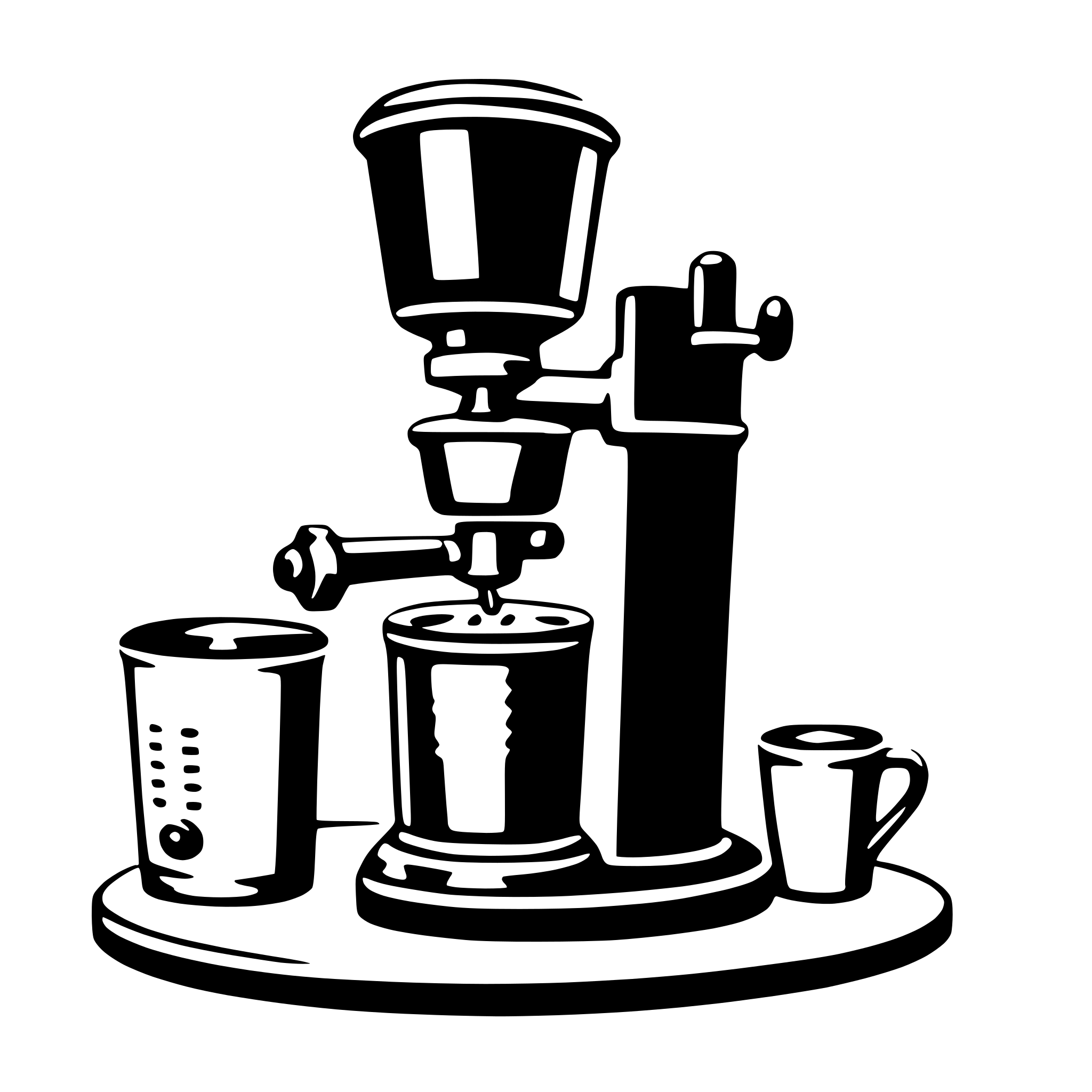 The SVG depicts a black and white illustration of a coffee machine with various components. The machine has a cylindrical body with a spout at the top, and there is a lever on the side, which is likely used to operate the machine. Below the lever, there is a cup holder with a cup inside, and to the left, there is a small container that could be used for sugar or cream. To the right, there is a cup placed on a saucer. The illustration is stylized with clean lines and lacks any intricate details, giving it a minimalist appearance. 
