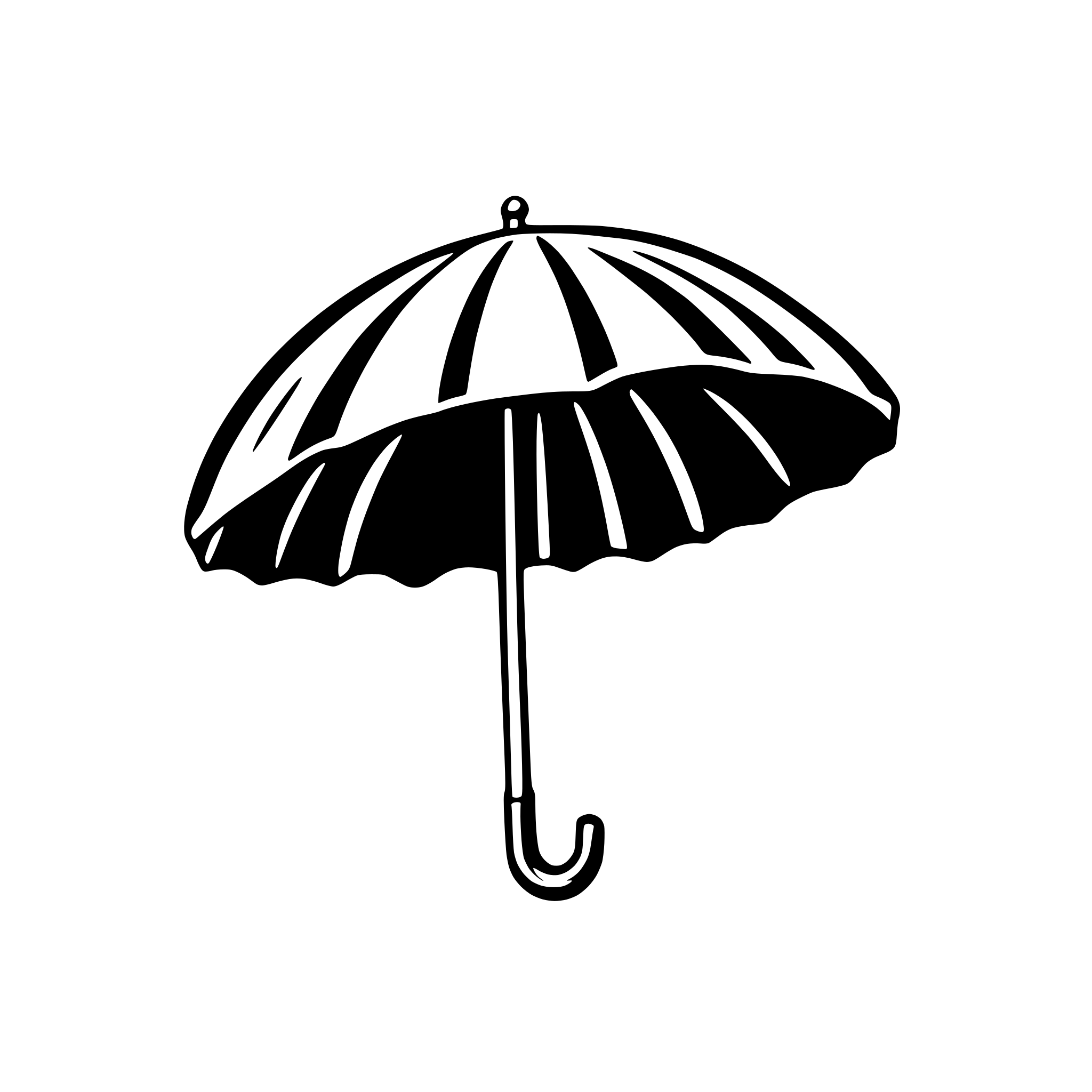 AI-generated SVG of a A black and white SVG of an open umbrella with a curved handle and simple canopy lines.