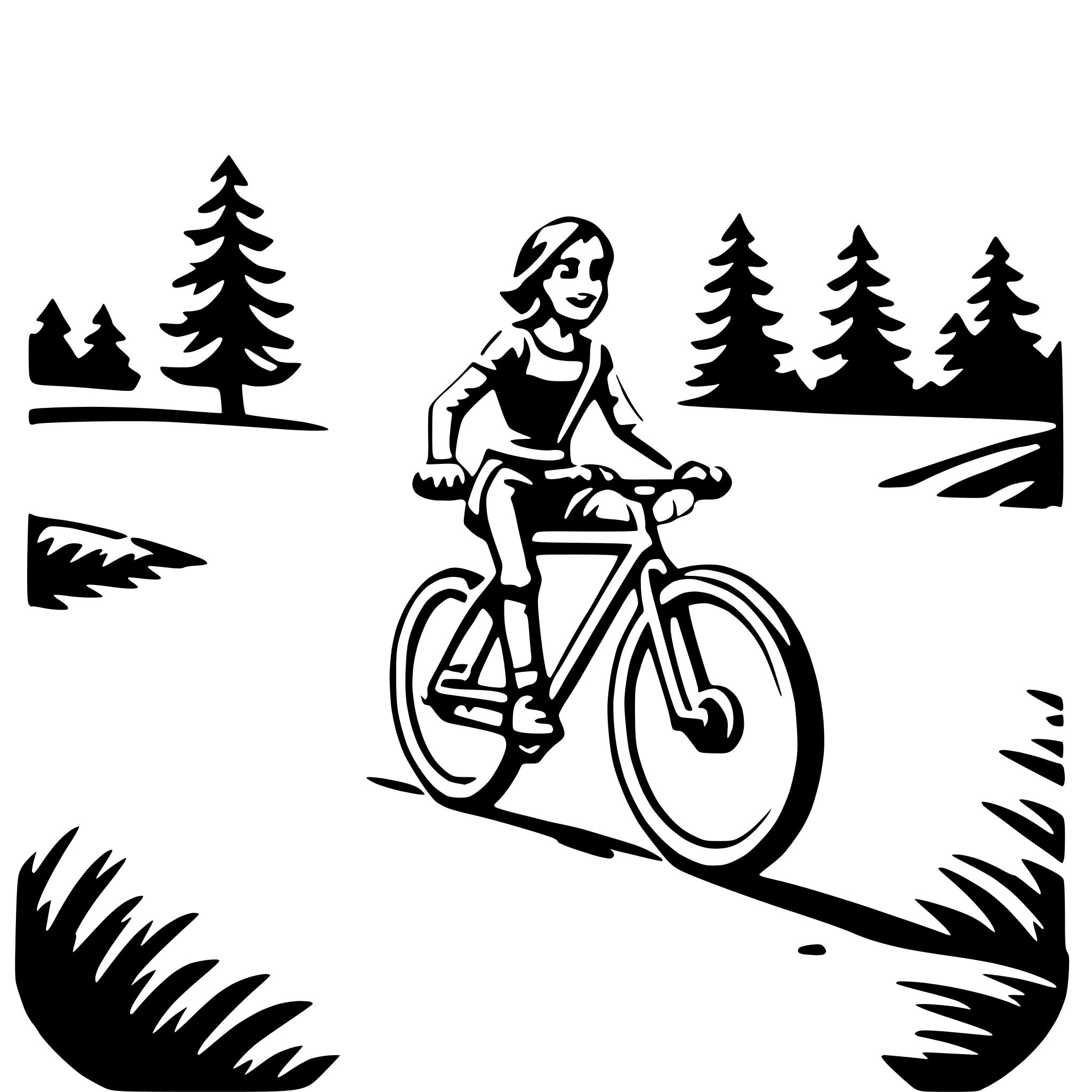 The SVG depicts a stylized black and white illustration of a person riding a bicycle on a path. The rider is wearing a sleeveless top and shorts, and is positioned with one hand on the handlebars and the other on the seat. The bicycle has two wheels, and the rider is looking forward. The path is lined with trees and a small pond, suggesting a peaceful, natural setting. The style of the illustration is simplistic and cartoon-like, with bold outlines and minimal shading. 