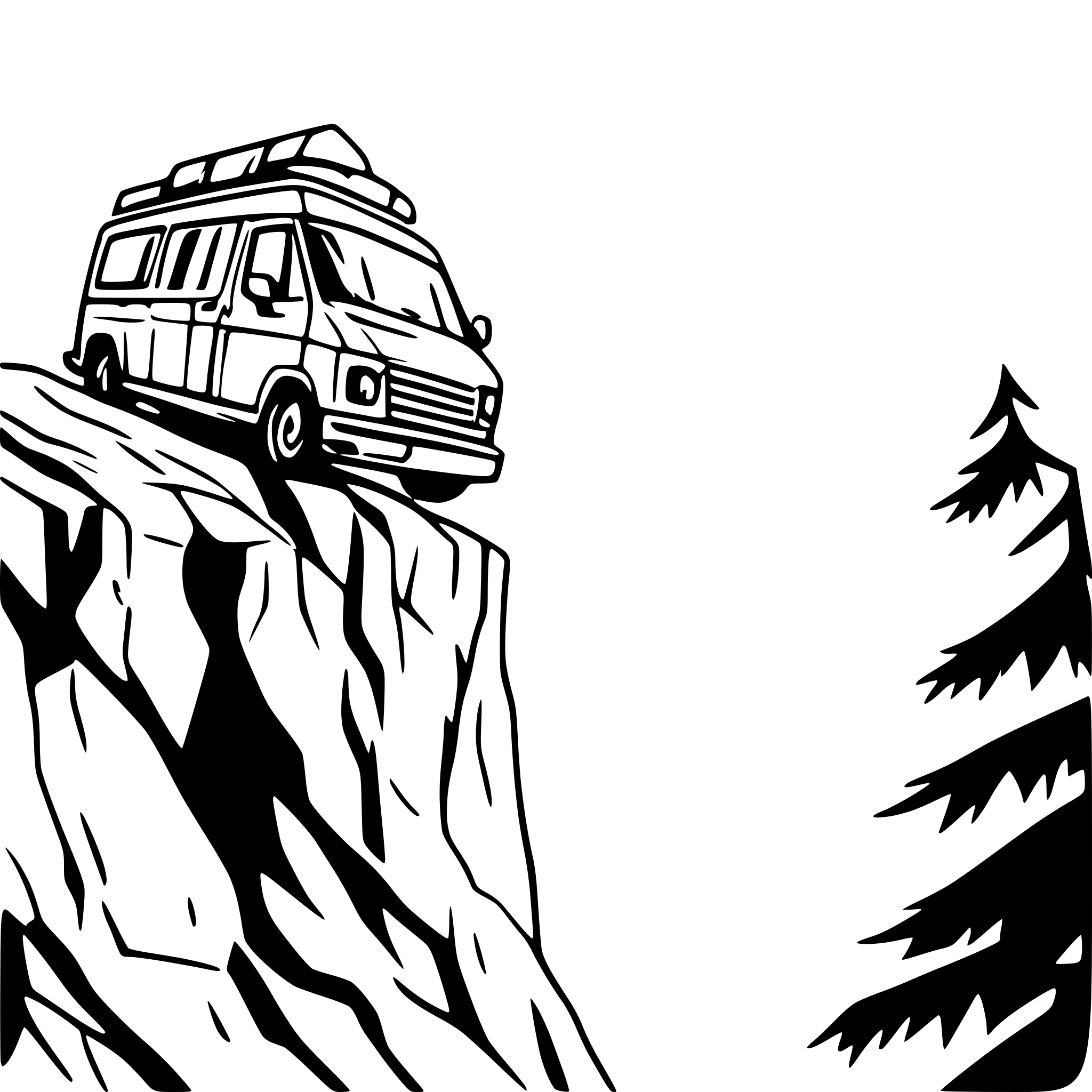 AI-generated SVG of a GMC savana on cliff peak with a beautiful valley below low angle view