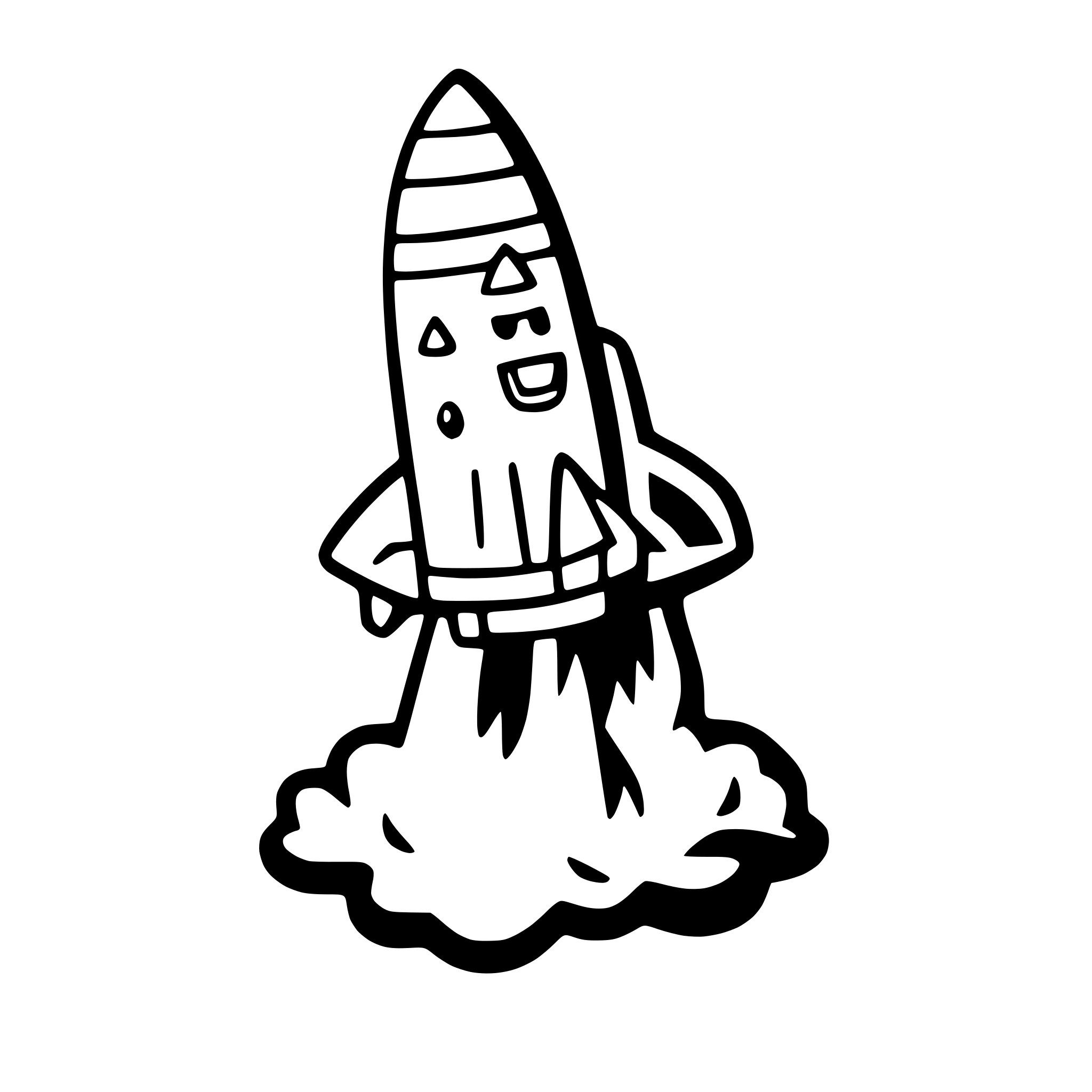 AI-generated SVG of a a smiling rocket blasting off into space