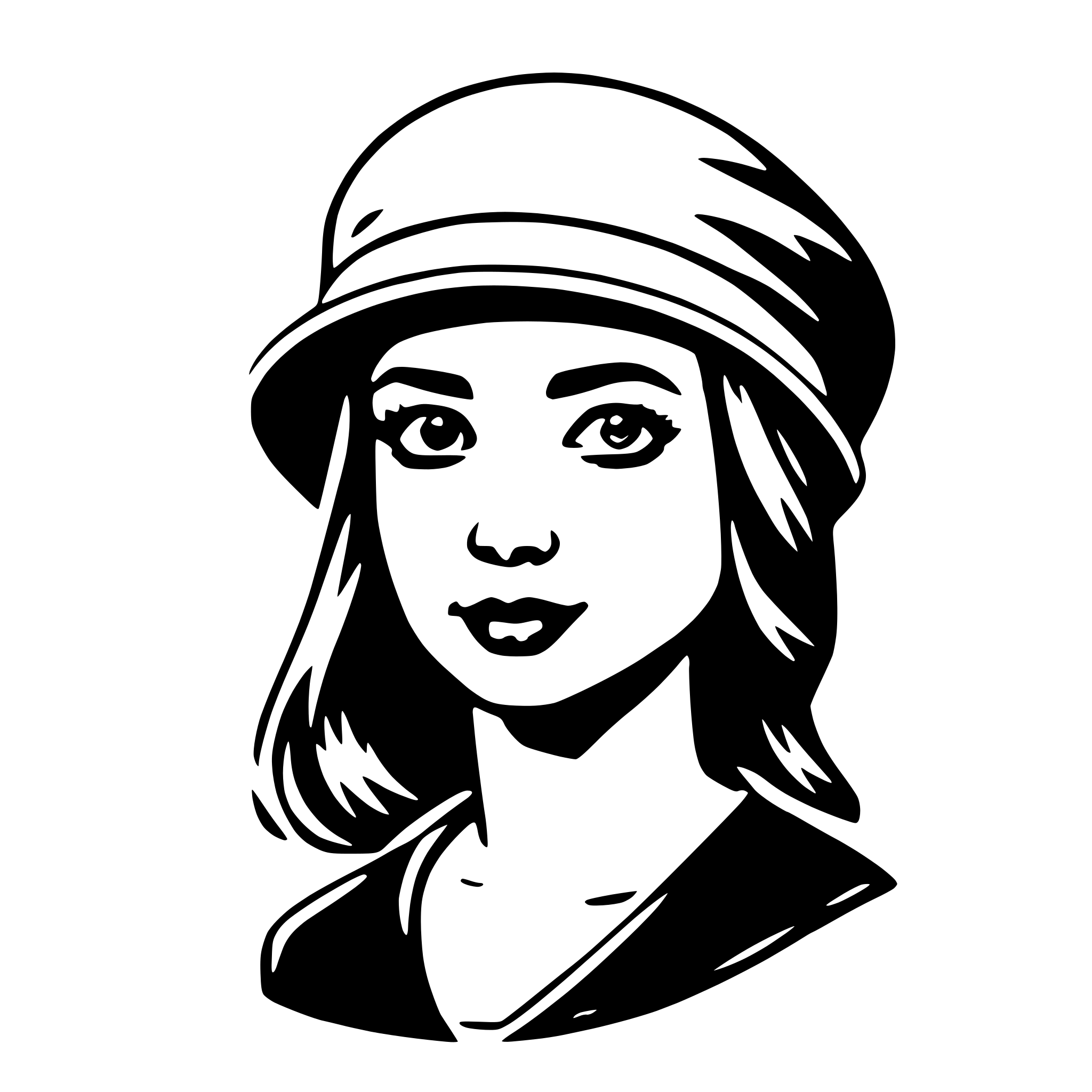 The SVG depicts a stylized black and white illustration of a woman's face. She has short hair, a hat with a brim, and is wearing what appears to be a dark top with a lighter collar. The woman has a neutral expression with her eyes looking directly at the viewer. The style of the illustration is simplistic and cartoon-like, with clean lines and minimal shading. There is no interaction between objects as the SVG is a portrait of a single individual. 