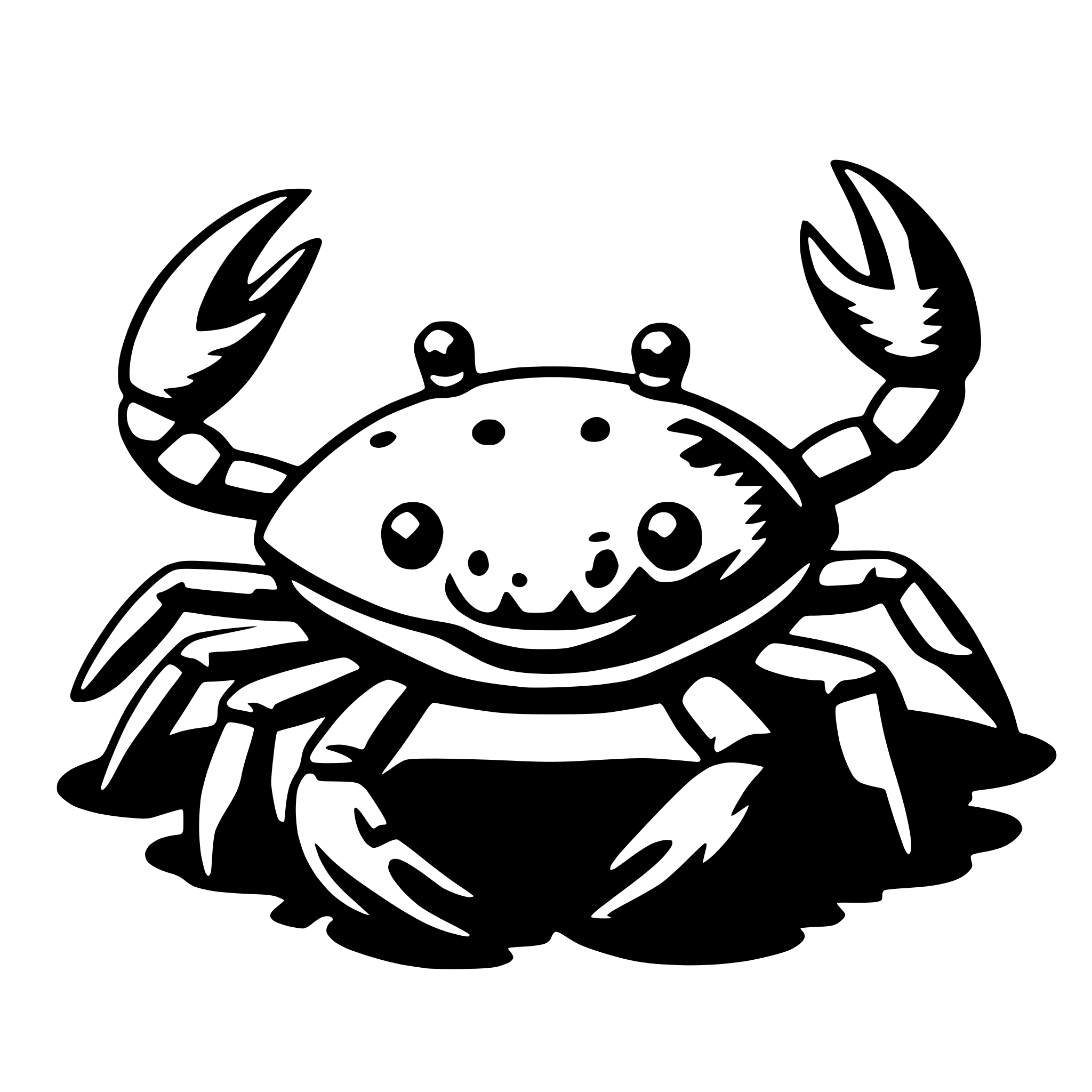 The SVG depicts a cartoon-style crab with a friendly expression. The crab has a large, round body with a pattern of small dots, and its claws are extended outward. It has two large eyes and a small, triangular mouth. The crab is set against a plain background. The crab's claws are spread out, and it appears to be smiling or laughing. The SVG is simple and does not contain any other objects or interactions. 