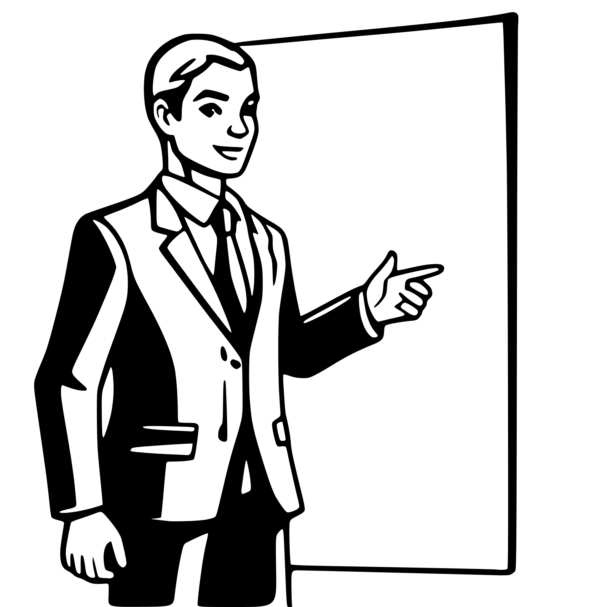 AI-generated SVG of a Outline of a man in a suite standing pointing to an imaginary white board. Just the outline. CAD person.