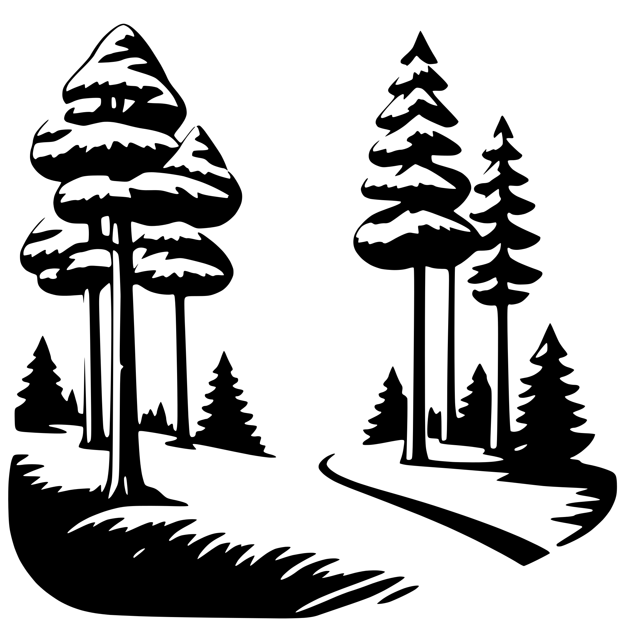 The SVG shows two stylized evergreen trees on either side of a path. The trees are depicted with a simple, silhouette-like design, with the branches and foliage represented by lines and shapes. The path between the trees is also shown, with a slight curve and a shadow cast on the ground, suggesting a light source from the upper left. The trees and path are set against a plain background. The overall style is minimalistic and graphic, with no additional details or text. 
