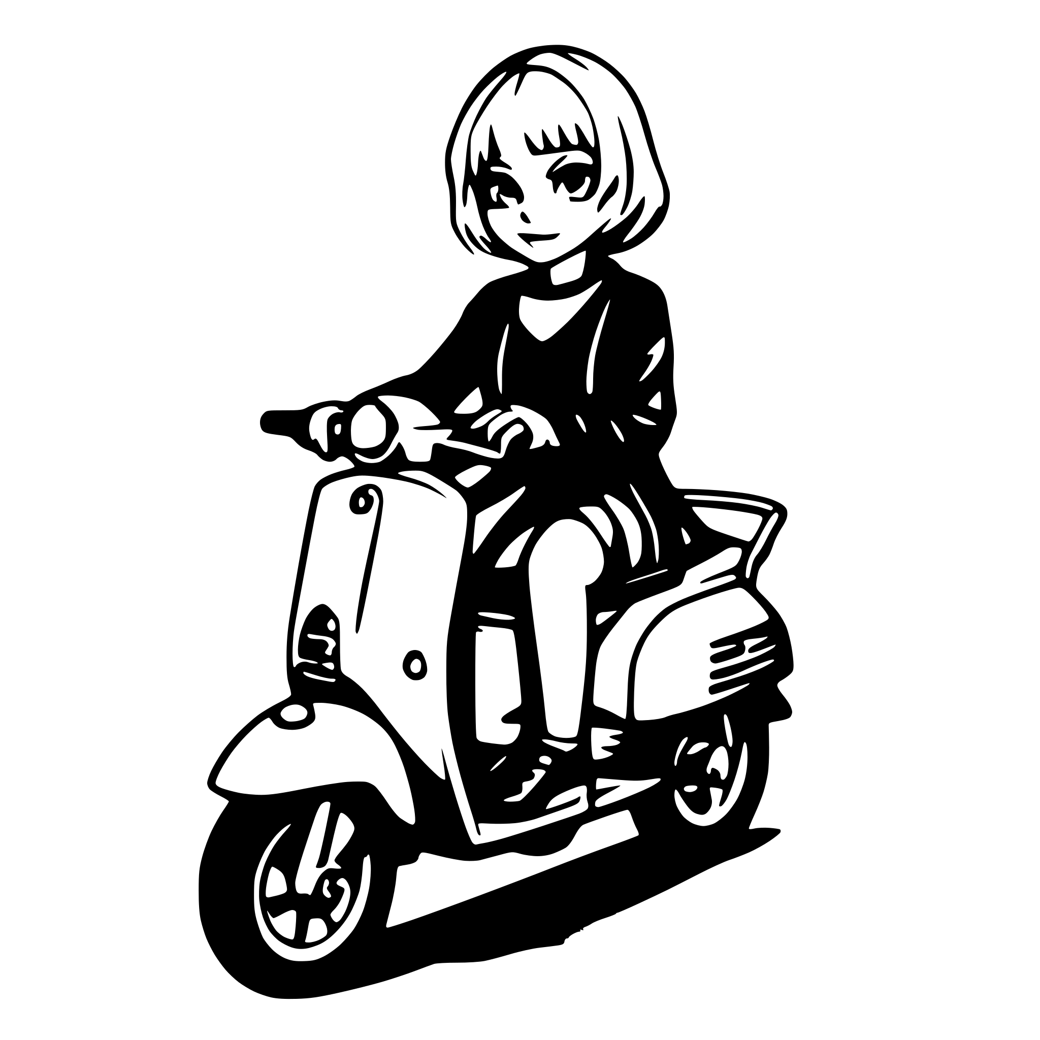 AI-generated SVG of a Short hairs colored black women on a vespa