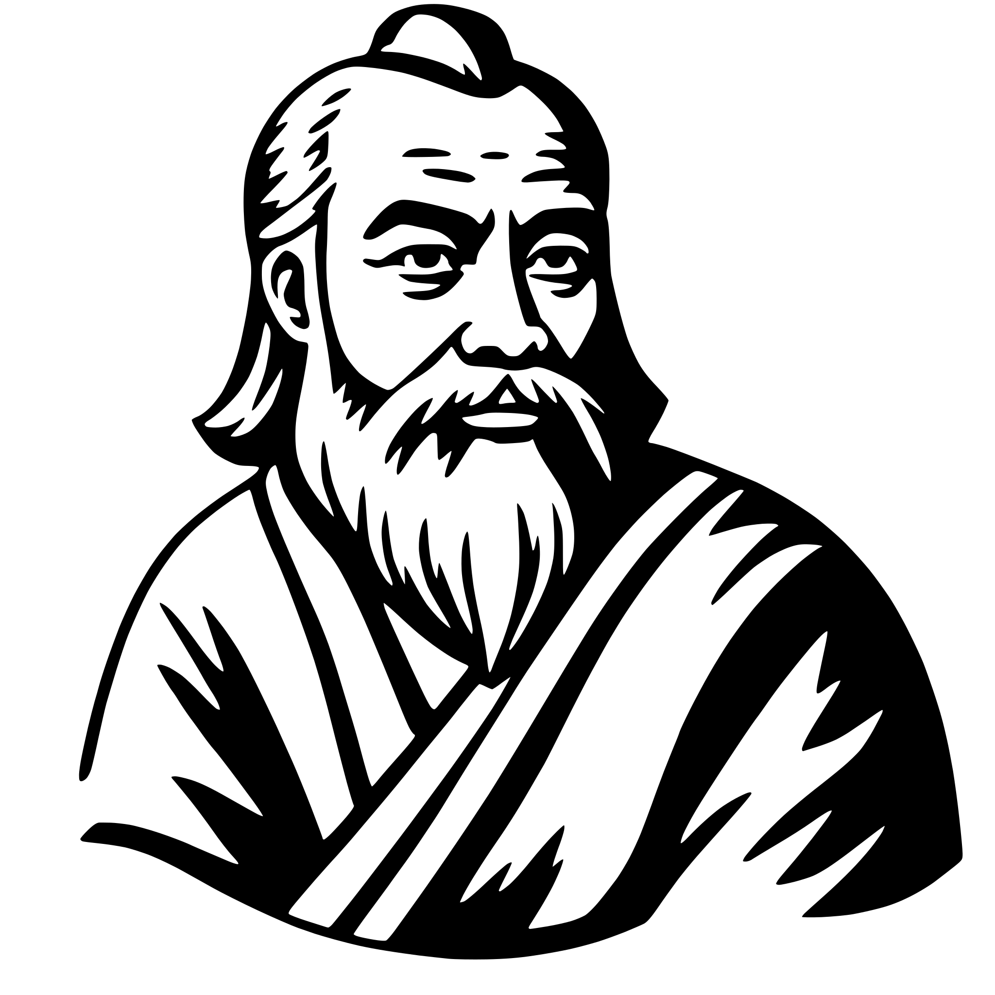 The SVG depicts a stylized portrait of a man with a beard and mustache. He has a bald head and is wearing a robe with a collar, suggesting a traditional or historical attire. The man's facial features are detailed, with a serious expression. The SVG is a vector graphic, which means it is composed of lines and shapes that can be scaled without losing quality. The man's beard and mustache are prominent features, and the robe has a pattern that could be indicative of a specific cultural or historical context. The overall style of the SVG is simplistic and iconic, with a limited color palette that emphasizes the lines and shapes of the portrait. 
