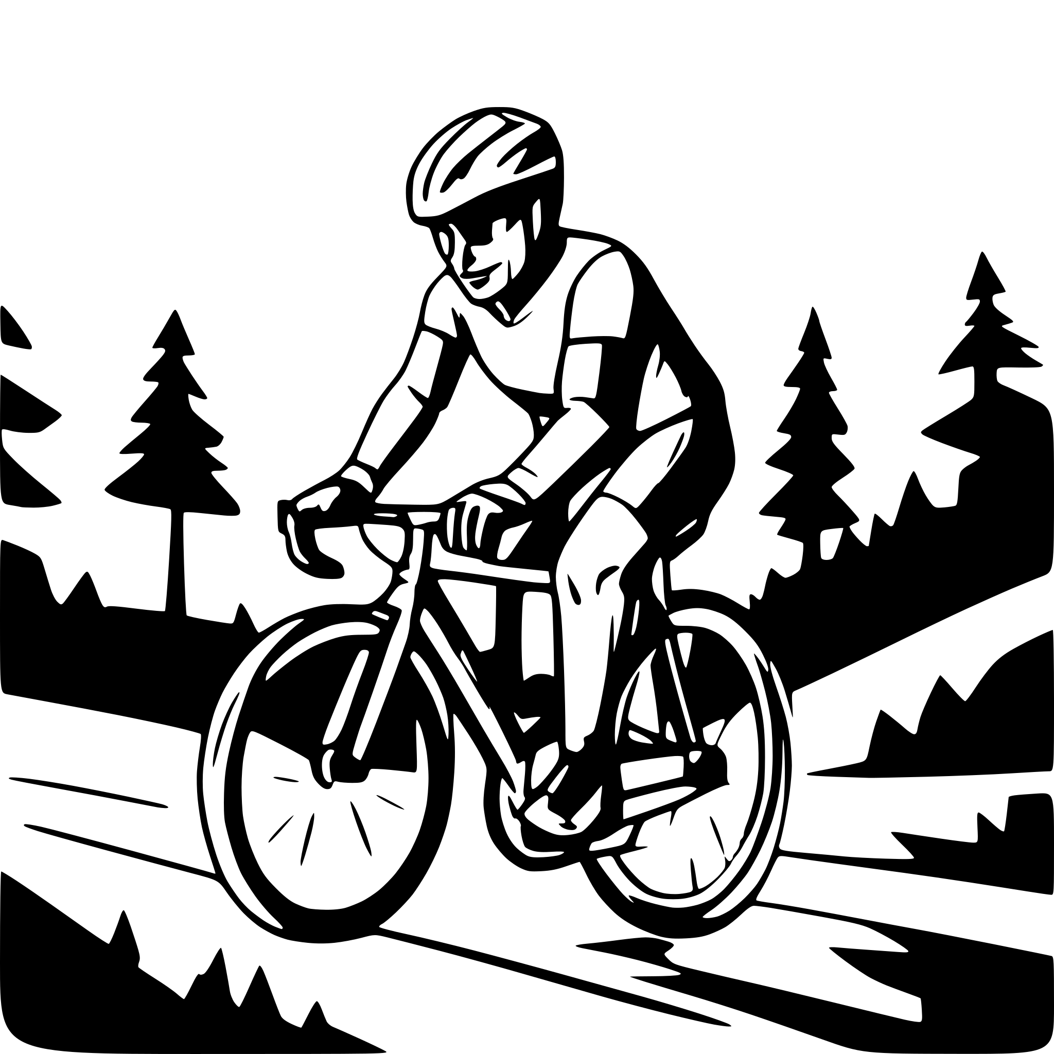 AI-generated SVG of a create me a lineart of a cyclist on his race cycle driving through a forrest uphill