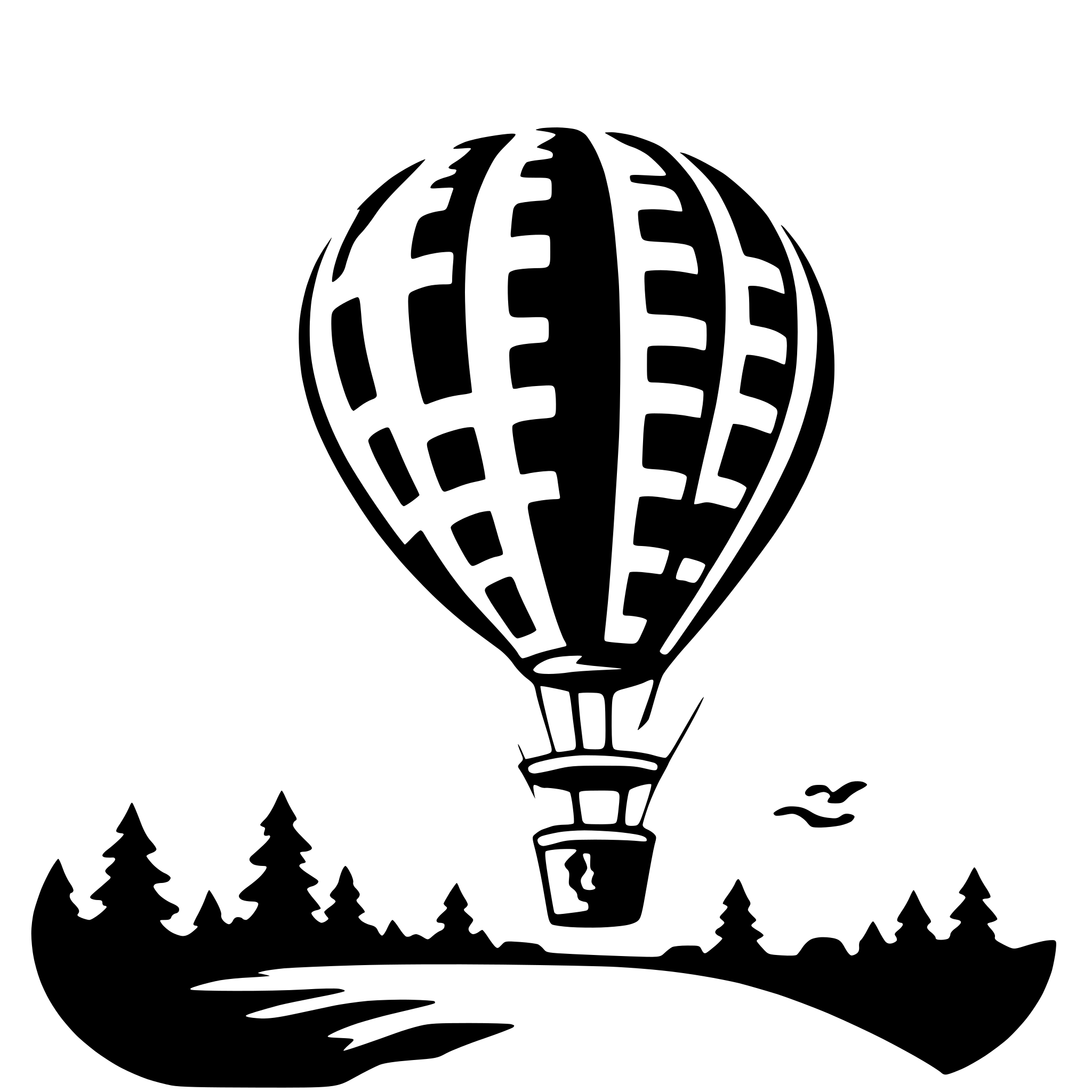 The SVG features a stylized depiction of a balloon with a basket attached to its base, floating above a landscape. The balloon has a patterned design with a series of vertical lines and horizontal bars, giving it a textured appearance. Below the balloon, there is a silhouette of a forest with trees and a wavy line that suggests a river or stream. The balloon is connected to the basket by a thin line, indicating that it is tethered to the ground. The overall style of the SVG is simplistic and graphic, with a clear contrast between the balloon and the landscape below. 