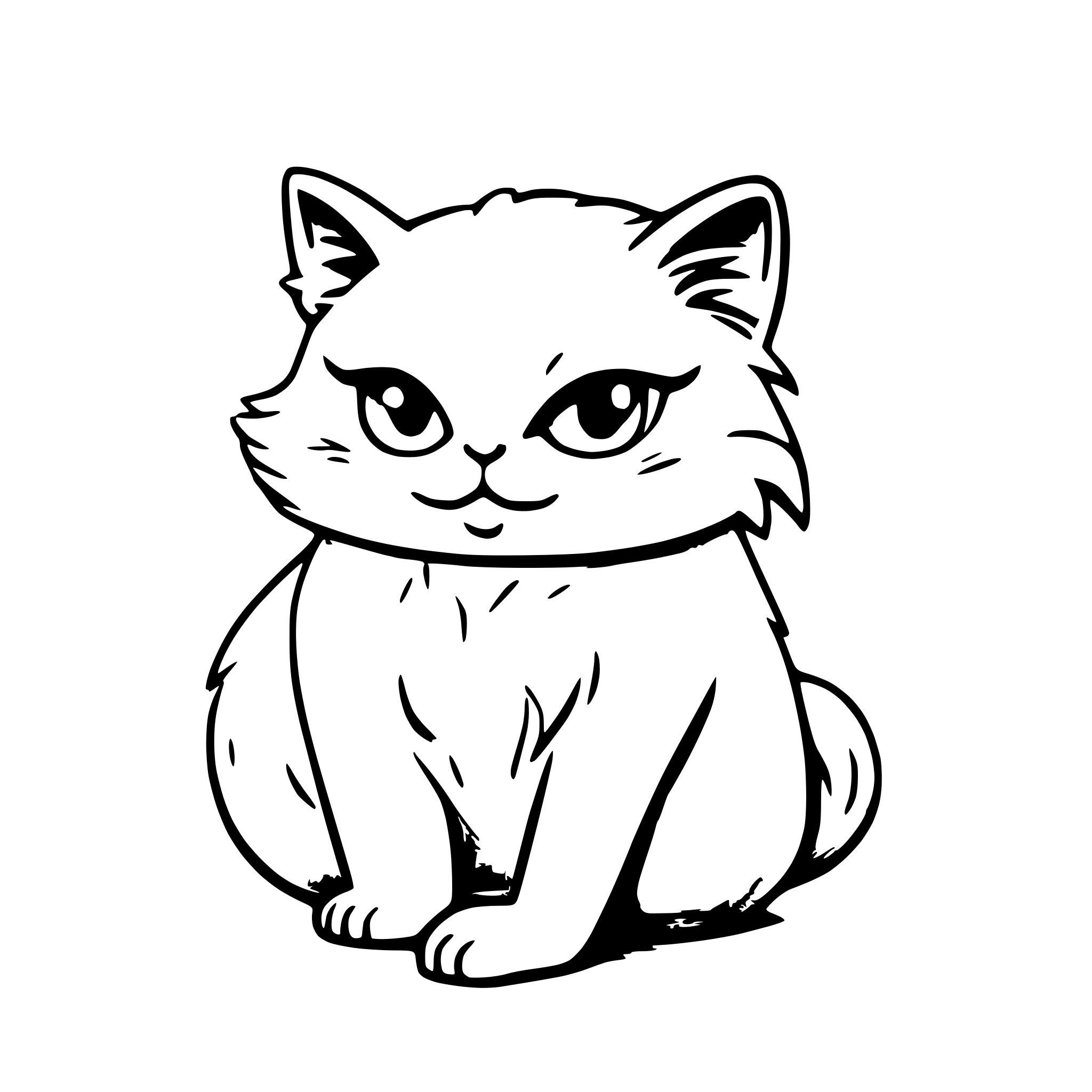 AI-generated SVG of a Use white background; Use smooth shapes, playful and whimsical, cartoon-style; use symbolism over realistic that clearly represents the users request. Use clean and refined lines. LIMIT TO ONLY 2 COLORS! A serene, whimsical scene of a fluffy, silver-gray Persian cat with luminous green eyes, curled contentedly atop a billowing, cotton-like cloud. The cloud glows softly with golden sunlight, set against a vast, gradient sky transitioning from warm peach to lavender at dusk. Delicate sparkles and 