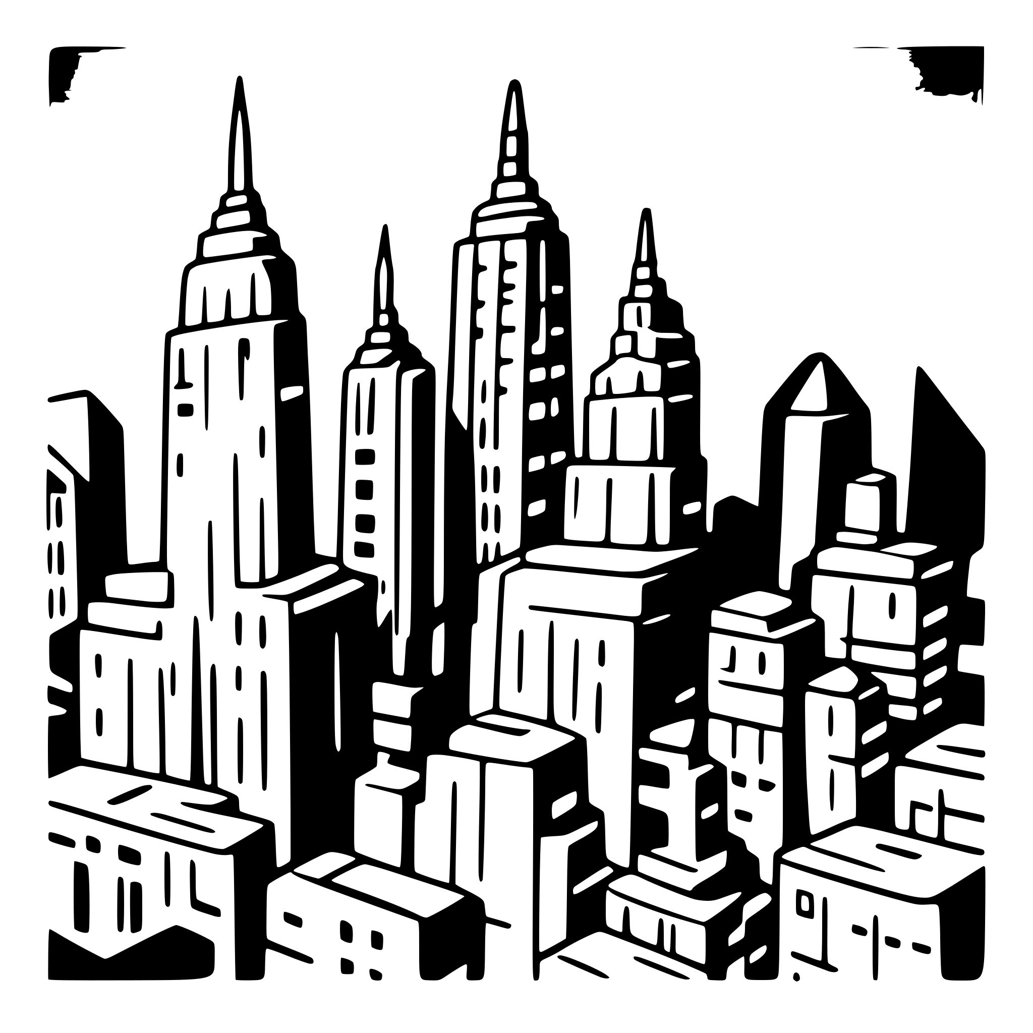 AI-generated SVG of a “Minimal‑line, monochrome night illustration of the New York City skyline. Two iconic towers dominate: the Empire State Building on the left and the Chrysler Building on the right, each rendered in thin, precise outlines and dark‑gray shading. Around them, mid‑rise rectangular buildings fill the lower half of the frame, their window grids drawn in the same subdued gray. The sky is nearly black with a very subtle vertical gradient, containing only a few tiny plus‑shaped stars and faint cloud silh