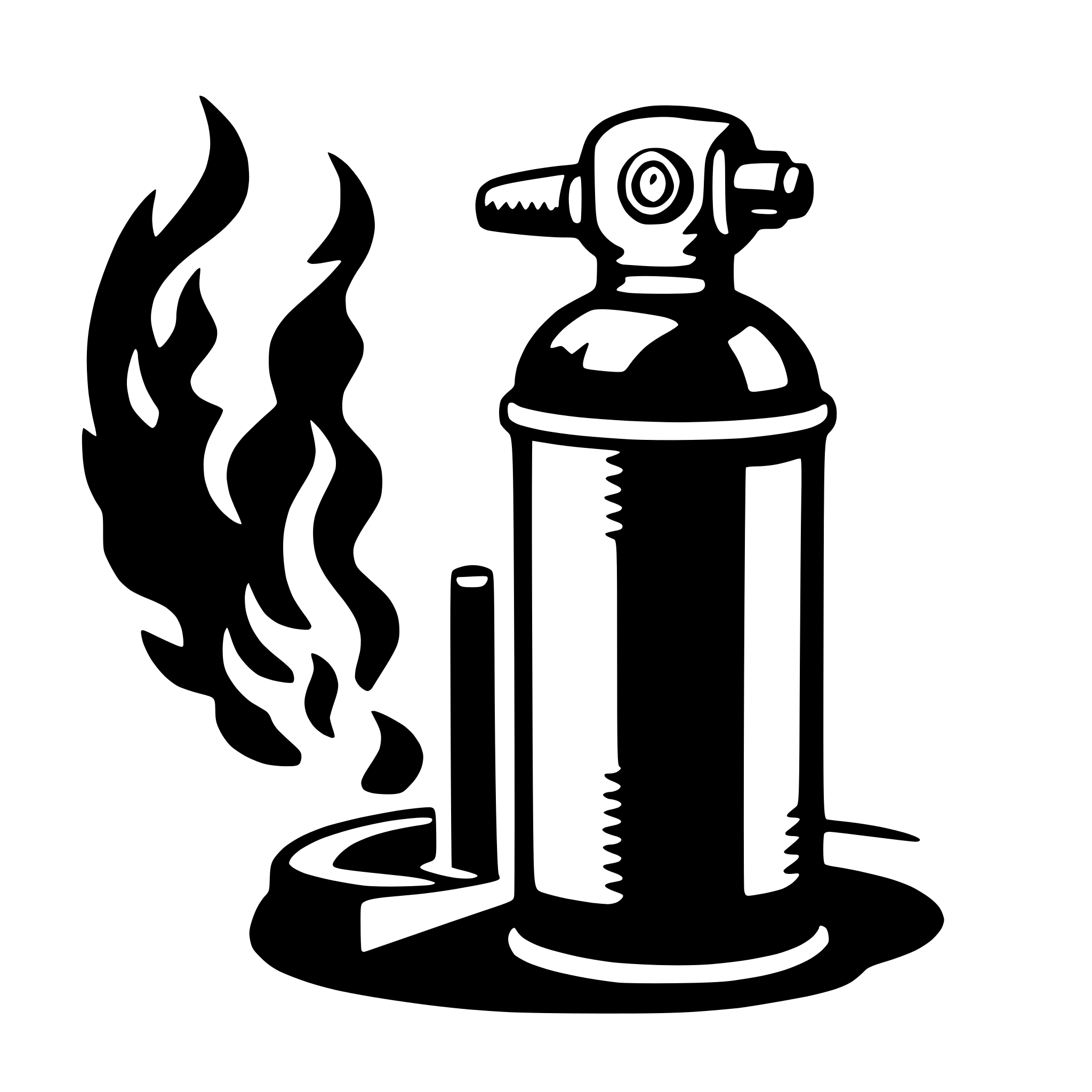 The SVG depicts a stylized black and white illustration of a fire extinguisher. The extinguisher is shown with its nozzle open, releasing a stream of water or foam, which is represented by a curved line with a flame-like shape at the top. The extinguisher is mounted on a base, and there is a visible pressure gauge on the side. The illustration is simple and uses minimal detail to convey the objects. 