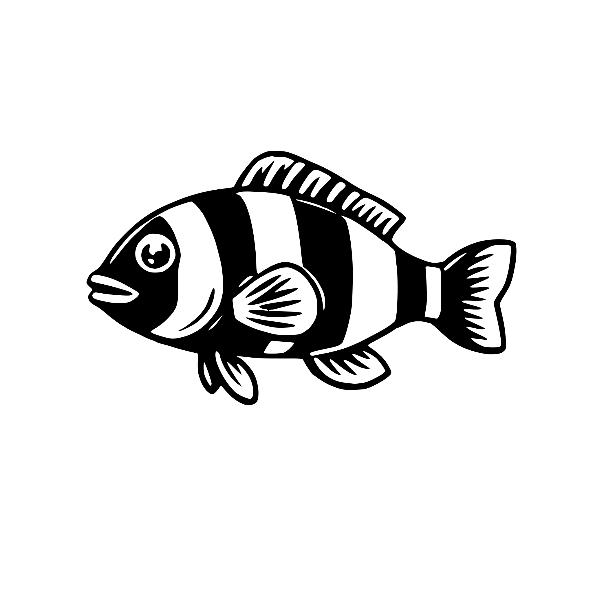The SVG shows a stylized black and white fish. The fish has a prominent eye, a dorsal fin, and a tail fin. It appears to be swimming, with its body streamlined and its fins slightly spread out. The fish is the central object in the SVG, and there are no other objects or interactions depicted. 