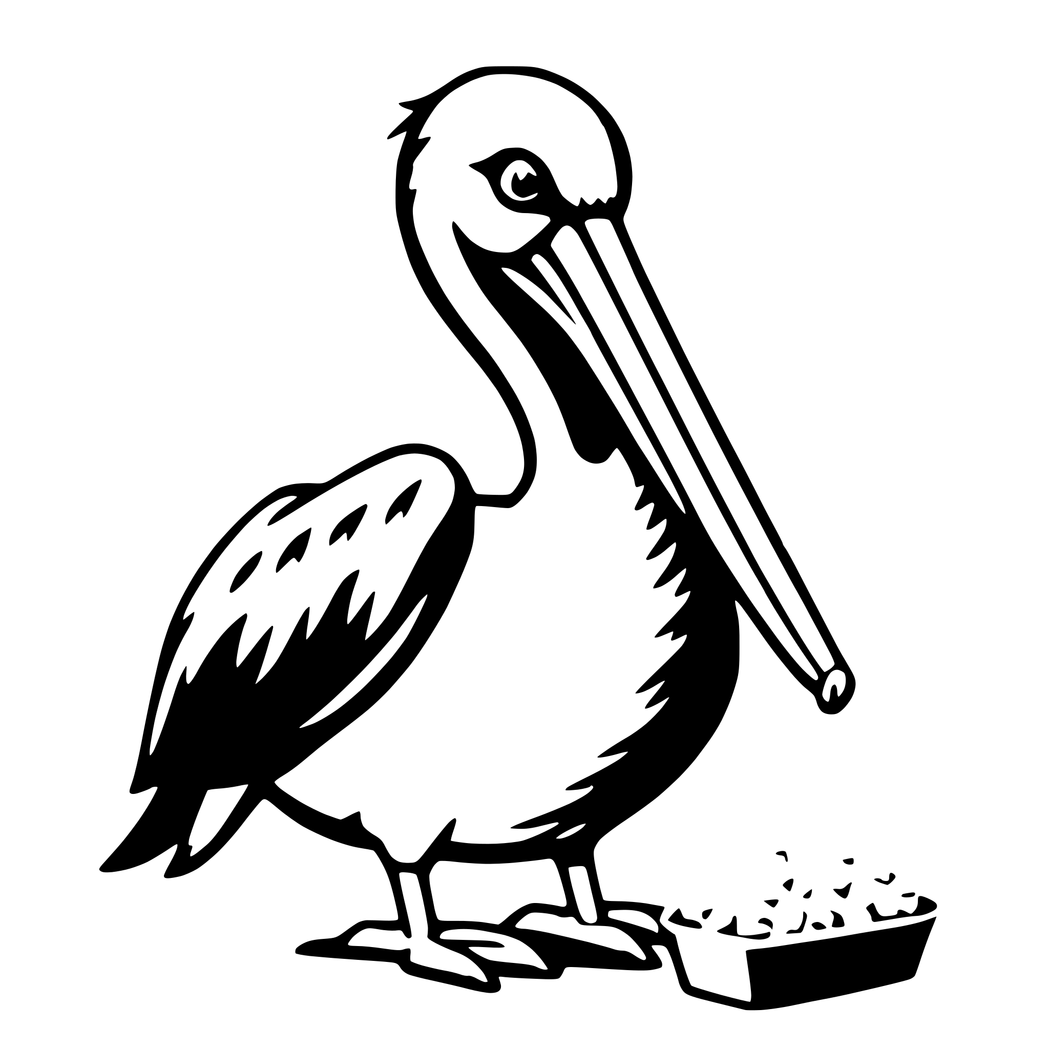 The SVG depicts a stylized black and white illustration of a pelican. The pelican is standing on one leg, with its long beak open, and it appears to be eating from a small bowl or dish that is placed in front of it. The illustration is simple and cartoonish, with the pelican's large beak and pouch being the most prominent features. The bird's eyes are small and round, and it has a small tuft of feathers on its head. The style of the illustration is flat with no gradients or shading, which is typical for vector graphics. 