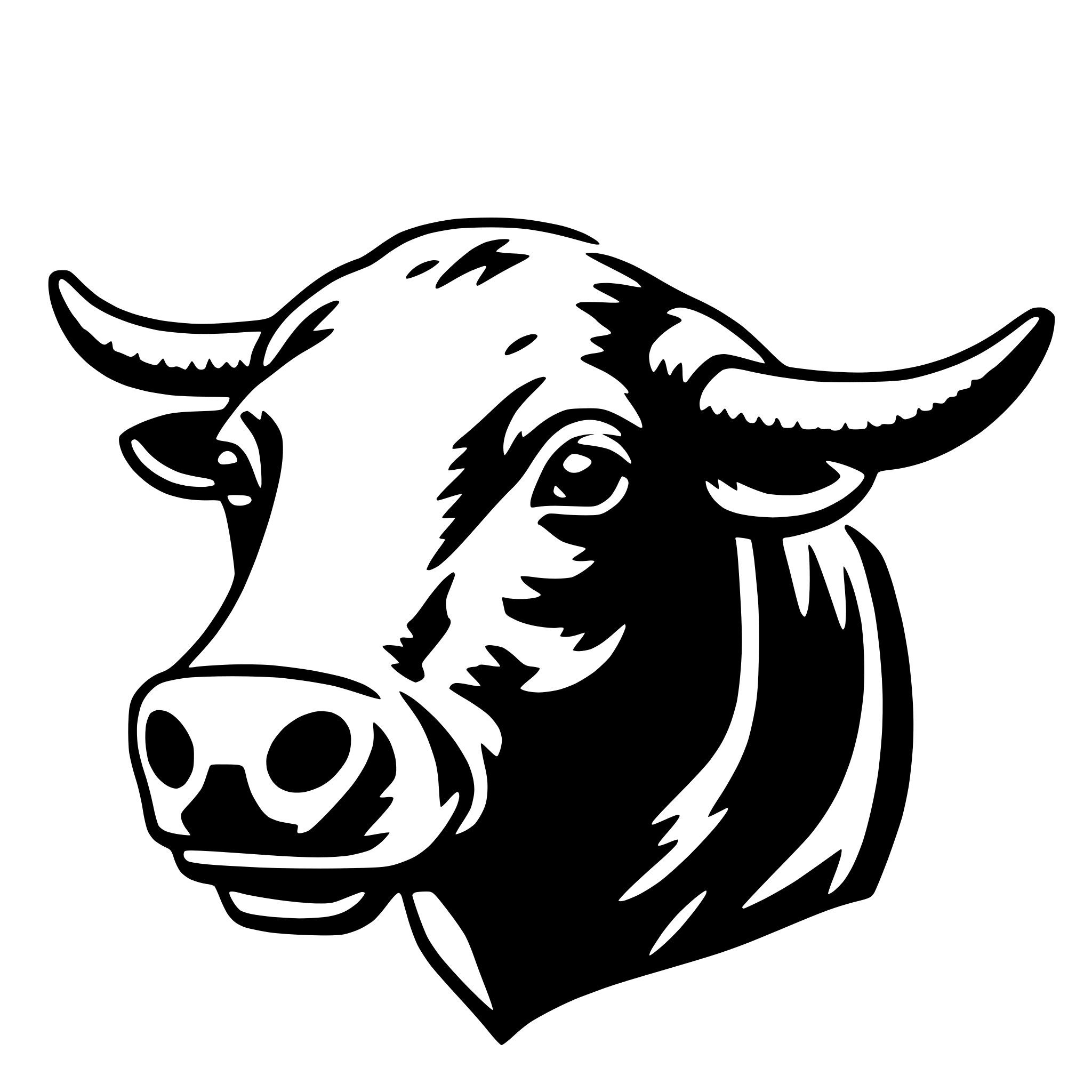 The SVG shows a stylized black and white illustration of a cow's head. The cow has two large, curved horns, a prominent nose, and a simple, stylized face with two eyes and a mouth. The cow's head is turned slightly to the left, and the SVG has a clean, graphic quality. There is no interaction between objects as the SVG is a single, self-contained graphic. 