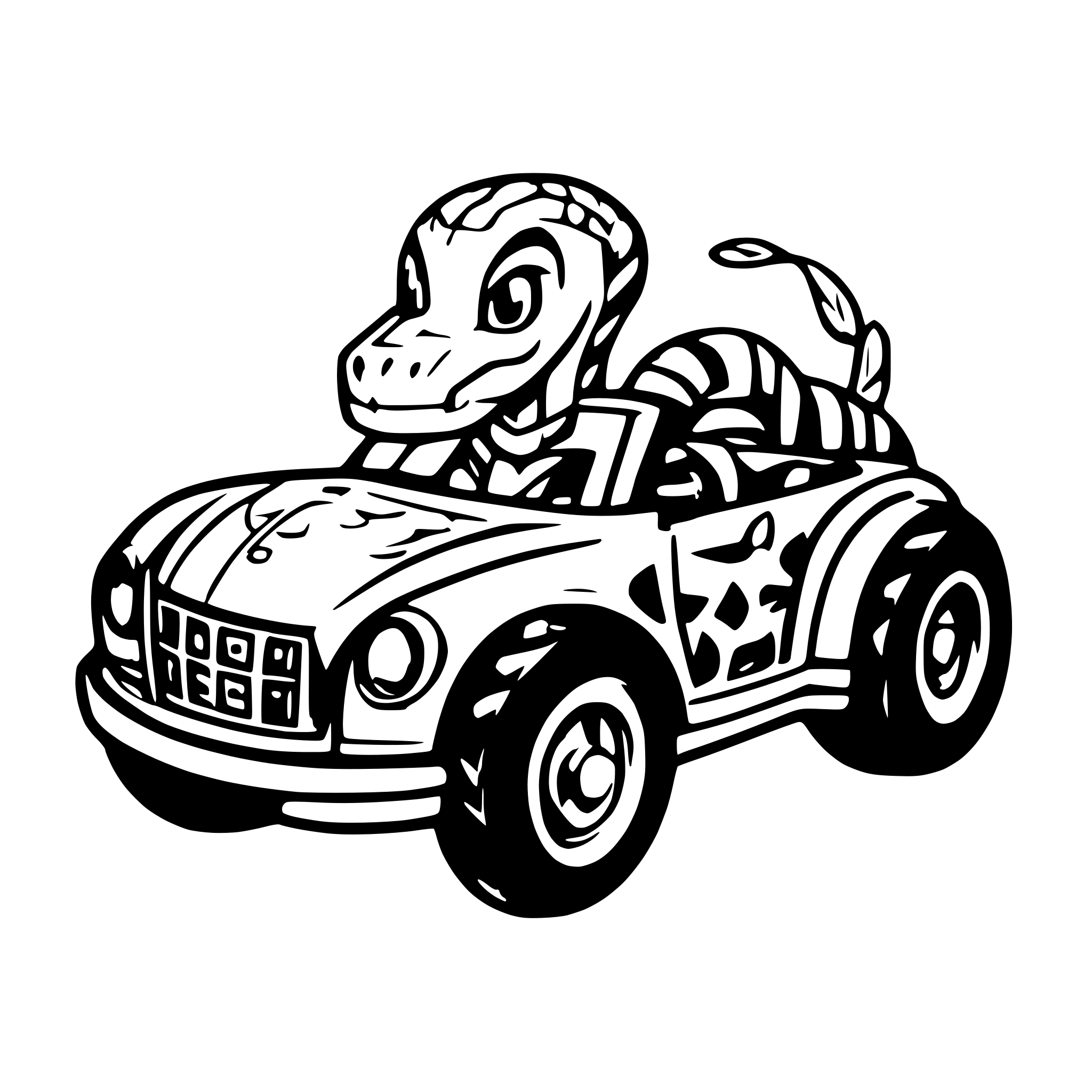AI-generated SVG of a a snake driving a car in color
