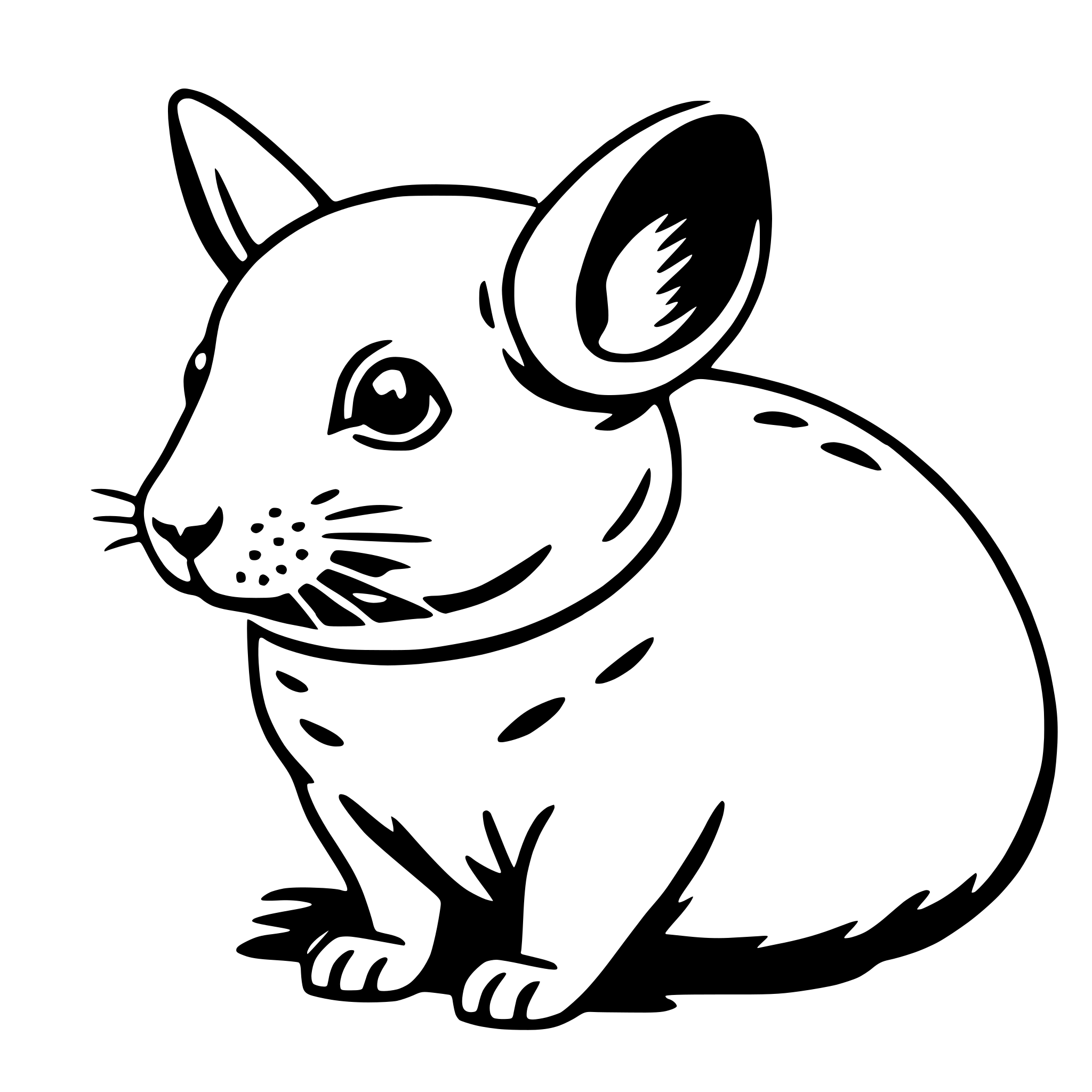 The SVG depicts a stylized, cartoon-like representation of a chinchilla. The chinchilla is sitting upright on its hind legs, with its front paws resting on the ground. It has large, round ears that are perked up, and its eyes are open and looking directly at the viewer. The chinchilla's fur appears to be a solid color, and it has a small, dark nose and whiskers. The tail is short and curved, ending in a small tuft of fur. The chinchilla's posture and expression give it a friendly and curious appearance. 