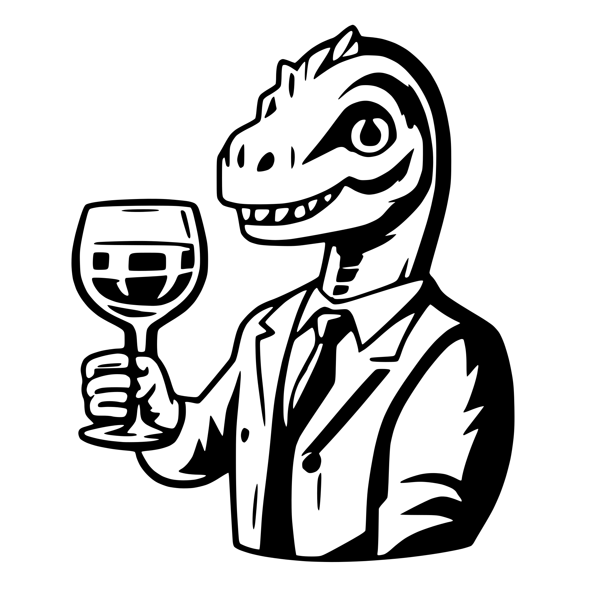 AI-generated SVG of a dinosaur with a glss of wine in the hand