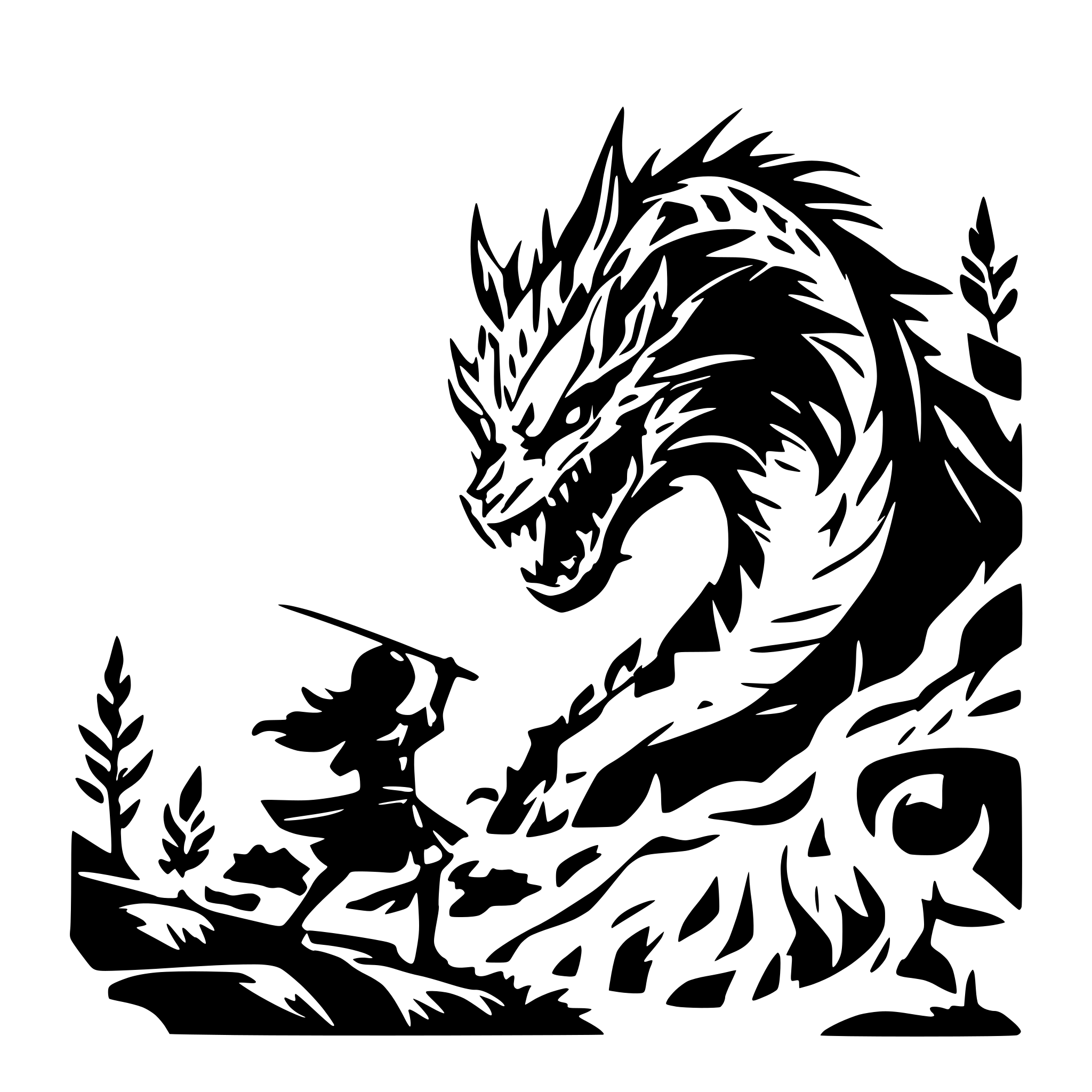 AI-generated SVG of a grimreaper silhoutte at the top and down under is a dragon fighting a tiger