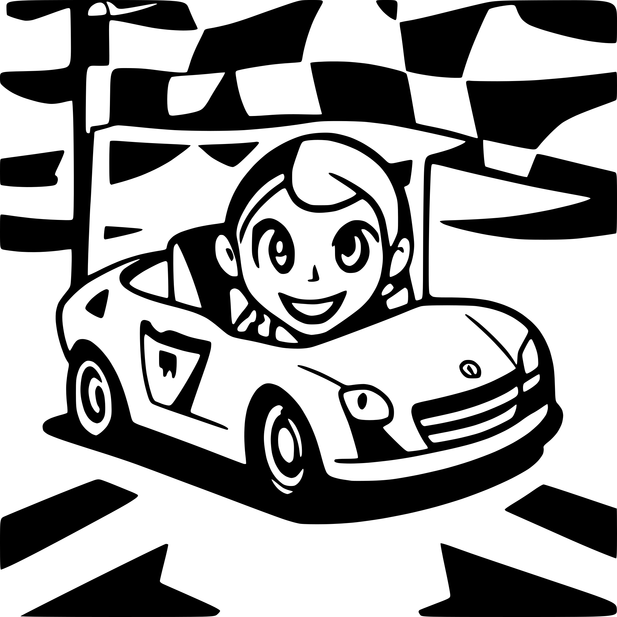 AI-generated SVG of a A BMW car driving through the finish line in a race.a little baby is standing right by the car and it looks like a racer with a litle cup in his hand  In the foreground, there is a classic race finish banner with the word 'ZIEL' written on it. The image is minimalistic, with no background, no shadows, and a clean, simple style.