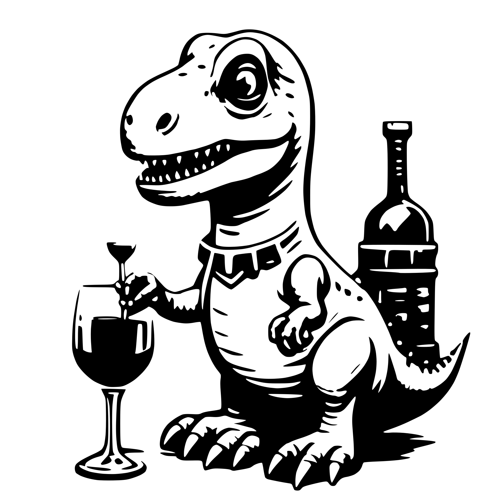 AI-generated SVG of a dinosaur with a glss of wine in the hand