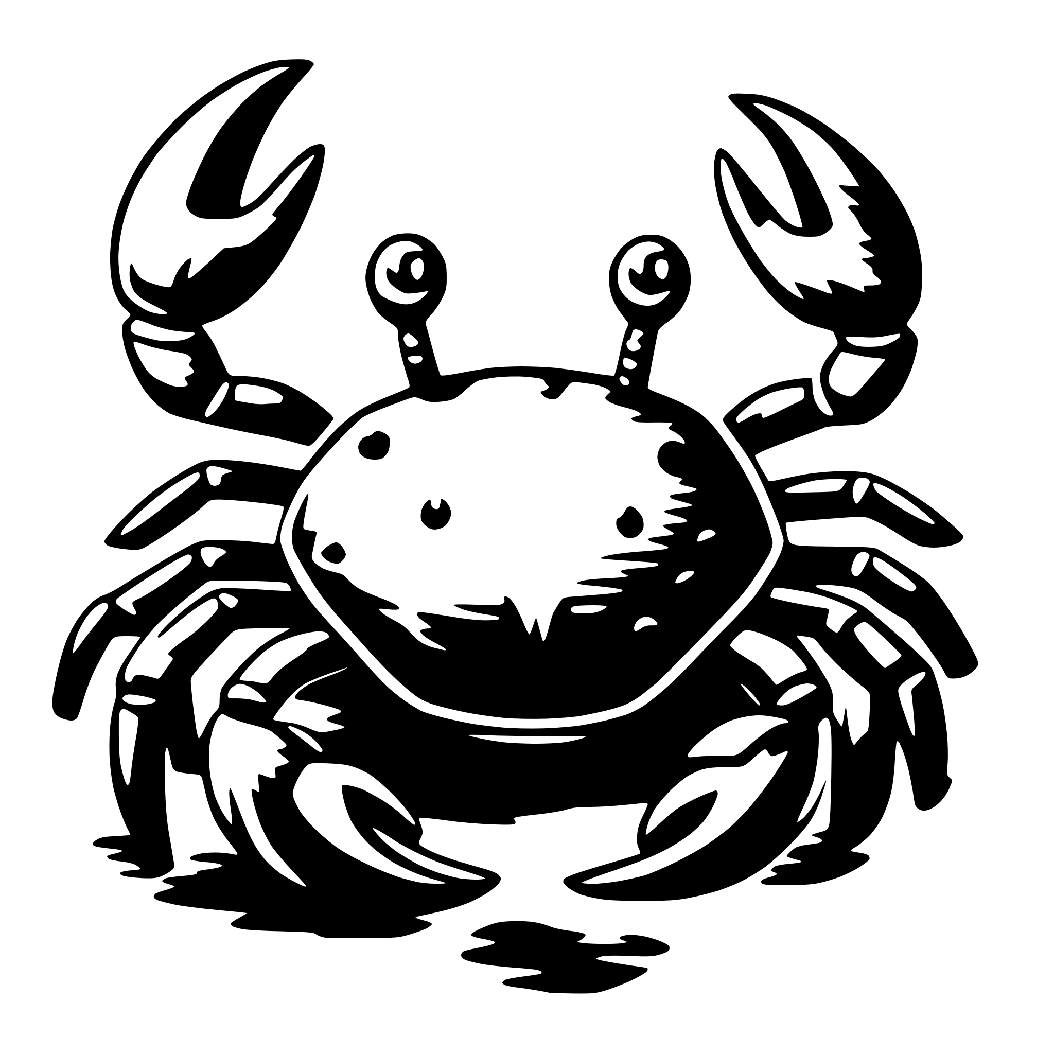 The SVG depicts a stylized illustration of a crab. The crab is shown with its claws extended outward, and its body is textured to suggest a rough, possibly shell-like surface. The crab's eyes are represented by two small circles, and it has a simple, cartoon-like appearance. The crab is the central figure in the SVG, and there are no other objects or interactions depicted. 