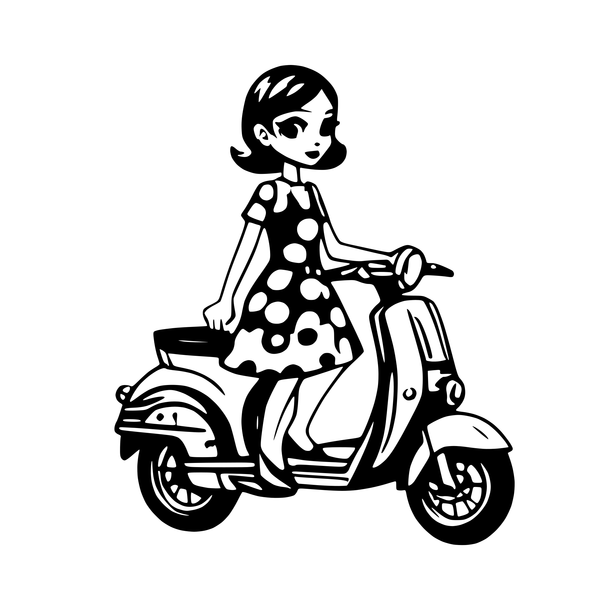 AI-generated SVG of a Girl on a vespa scooter with short dark hair and a polka dot dress