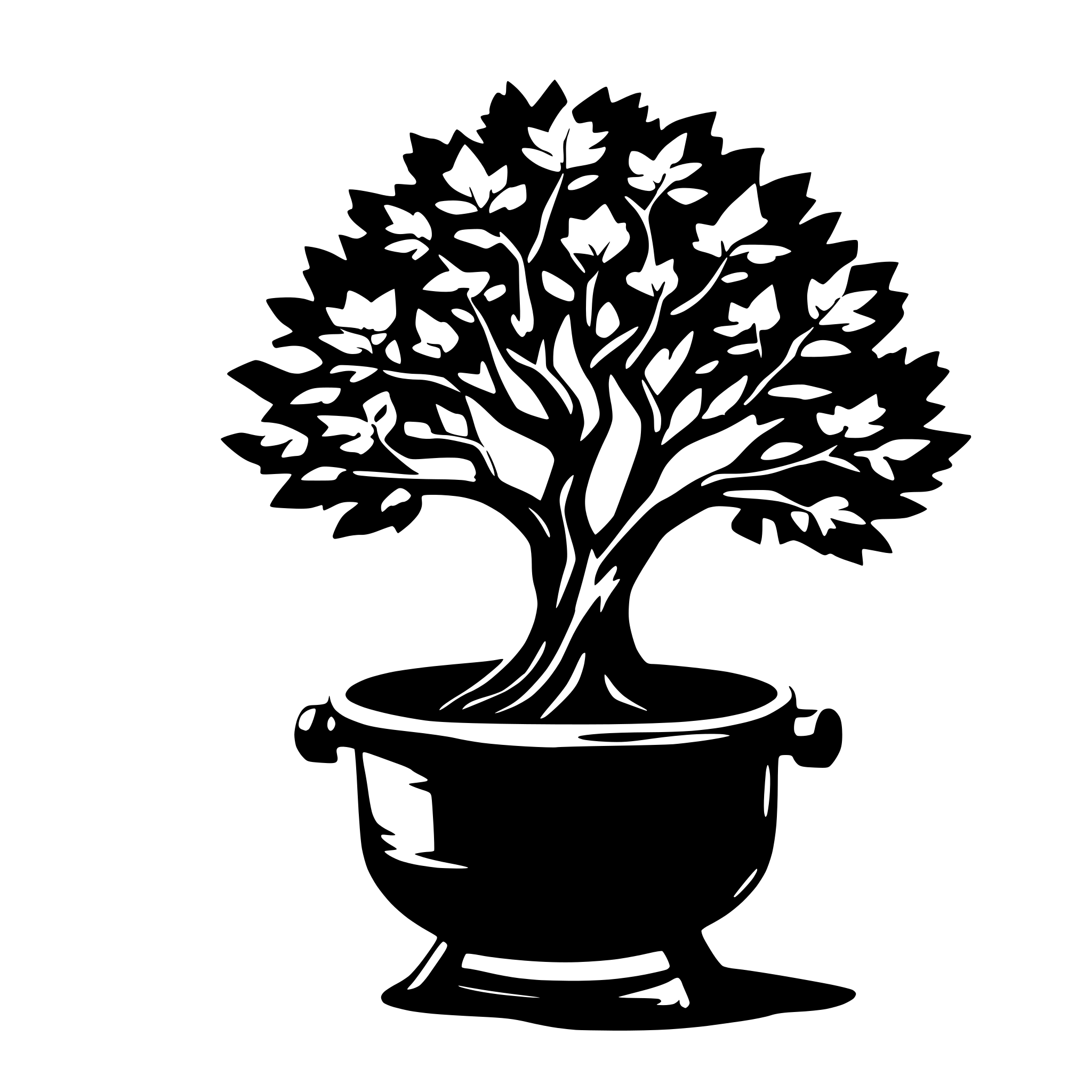 AI-generated SVG of a A tree growing from within a cauldron which has a triskele on it.