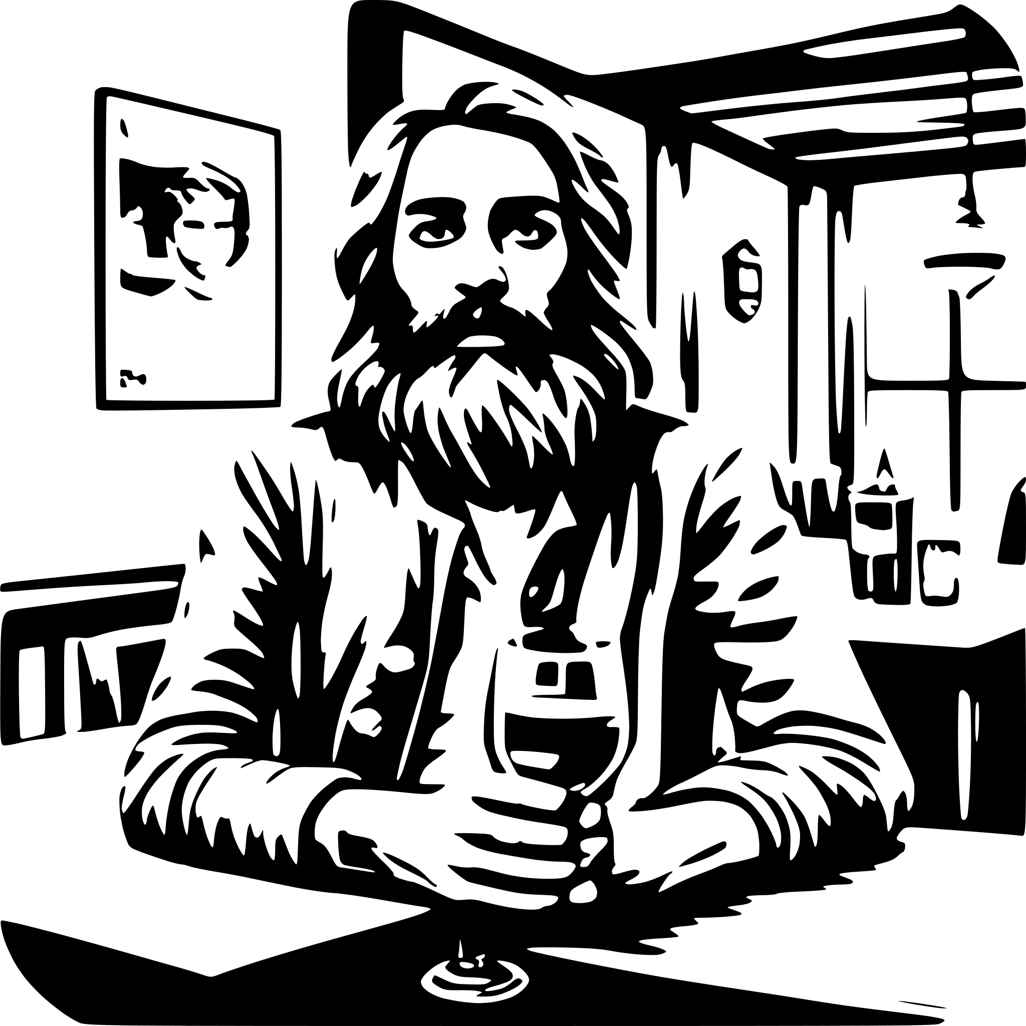 AI-generated SVG of a A person is drinking in a tavern, surrounded by emptiness. The person has a long beard and is wearing casual clothes