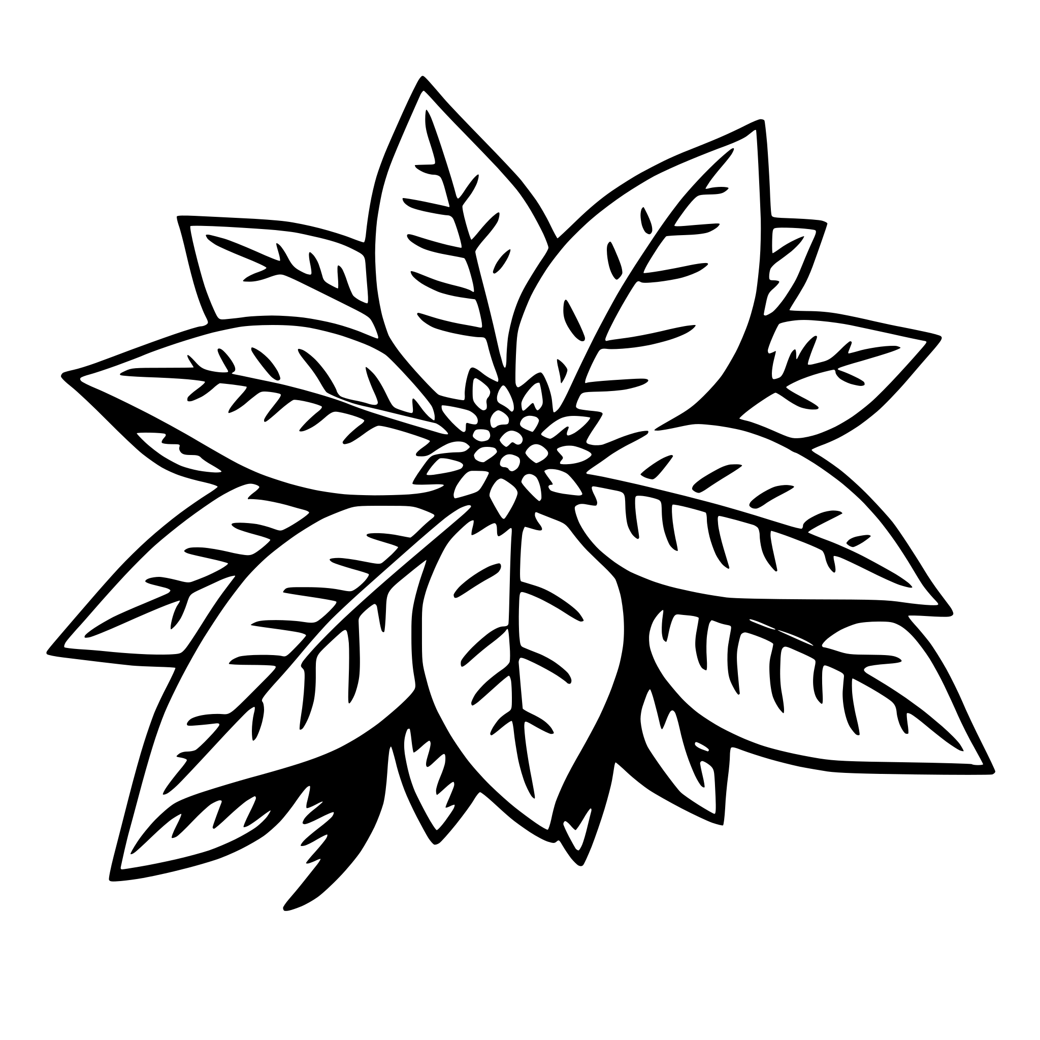 The SVG depicts a stylized flower with a central floral motif surrounded by a symmetrical arrangement of leaf-like shapes. The flower has a detailed, organic appearance with a central, symmetrical pattern that could be interpreted as a flower or a star-like shape. The leaves are arranged in a circular pattern around the central motif, creating a sense of symmetry and balance. The overall design is simple yet intricate, with clean lines and a lack of shading or color, emphasizing the shapes and patterns within the SVG. 