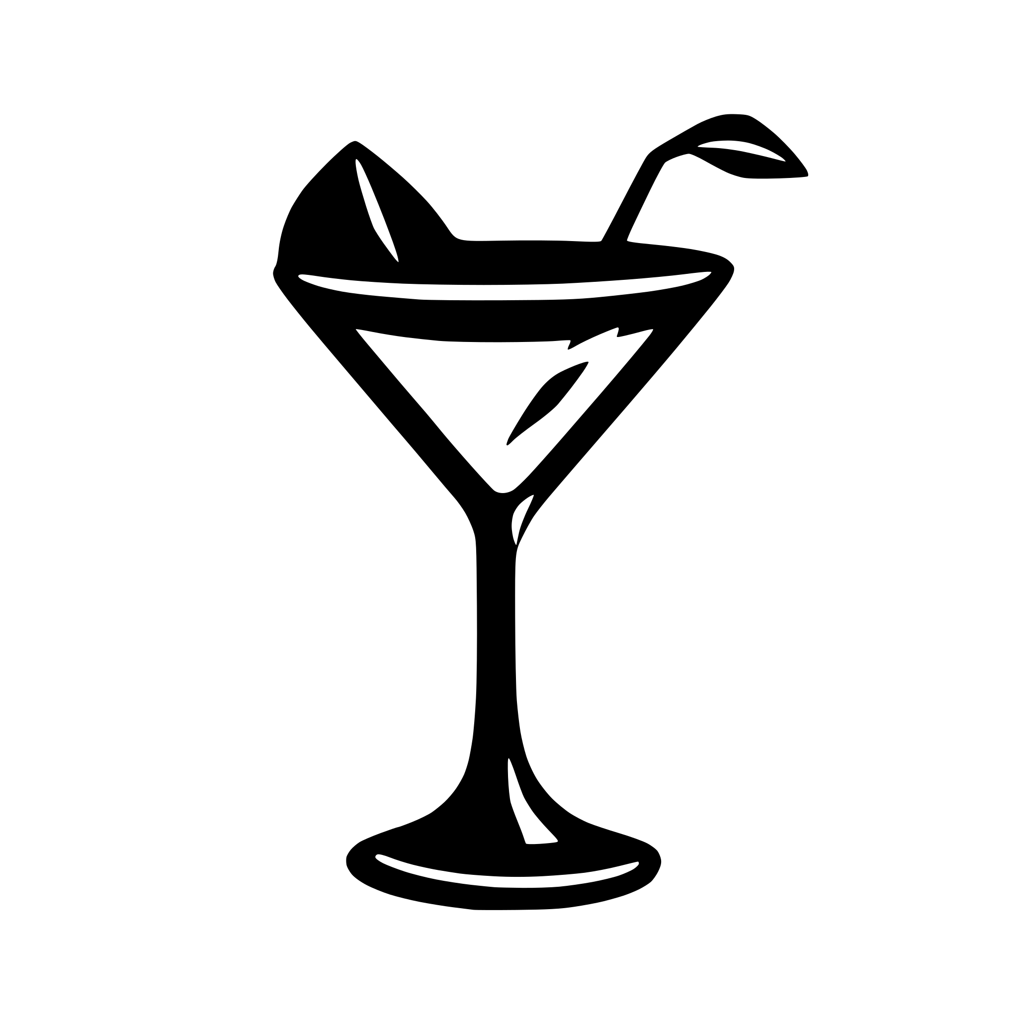 AI-generated SVG of a A minimalist black silhouette of a martini glass with a thin stem and wide triangular bowl, filled with liquid. A cocktail pick with an olive is placed diagonally inside the glass. The design is clean, modern, and elegant, resembling an icon or vector graphic