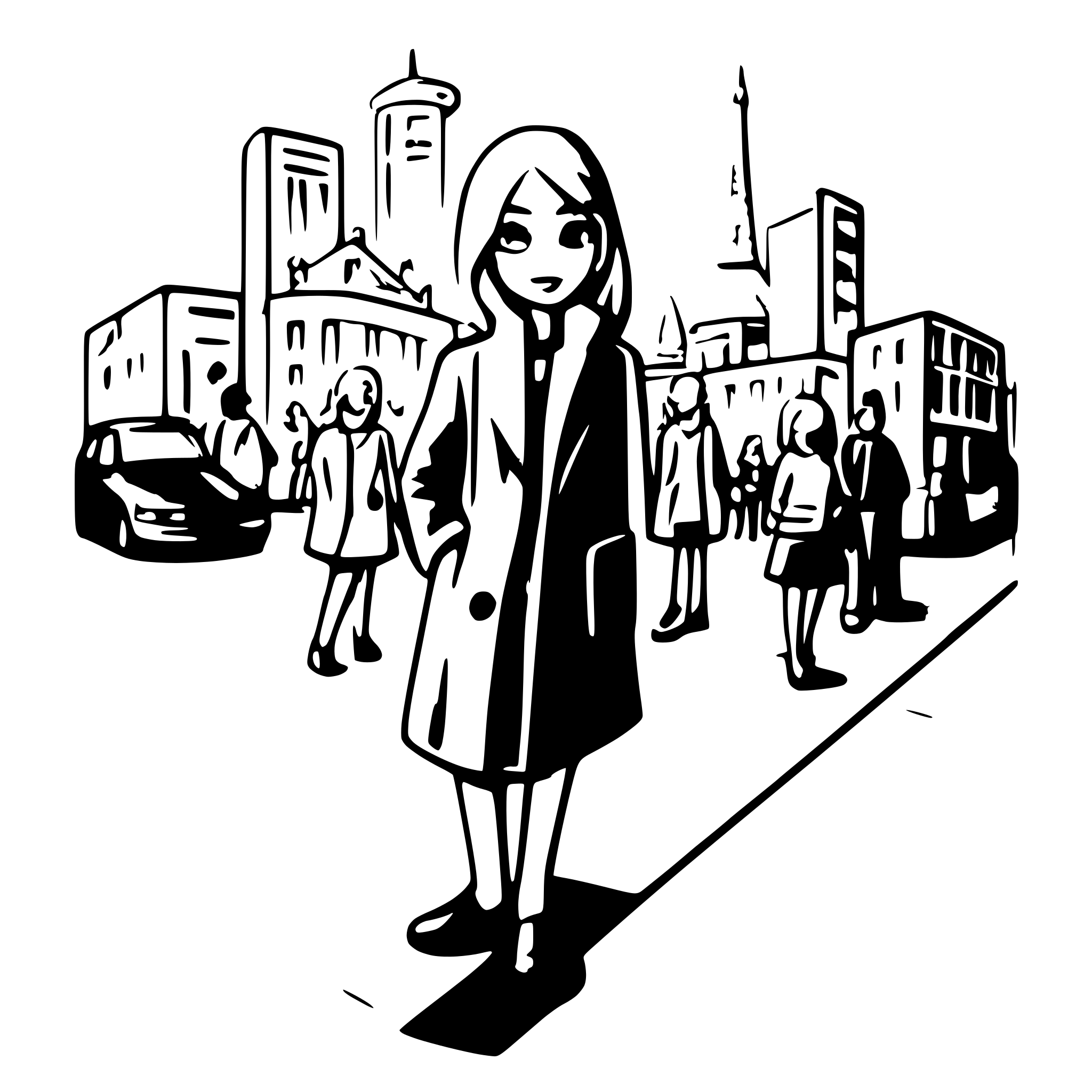 AI-generated SVG of a a scene in berlin, ner the city center with several persons and streets and the alexanderplatz in the background