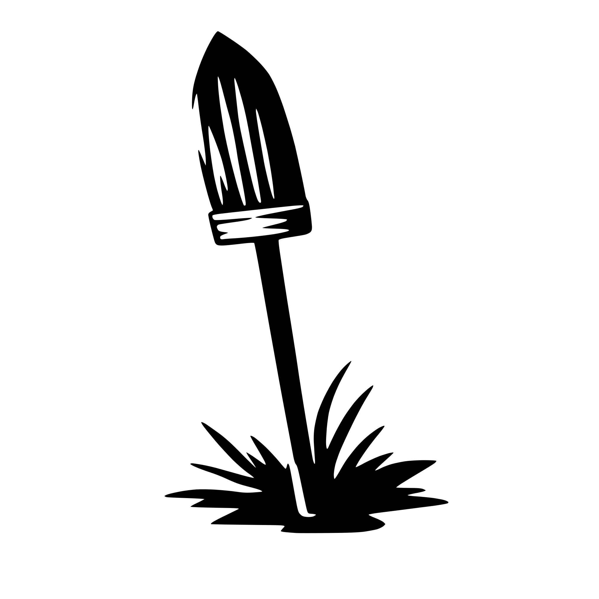 The SVG shows a simple line drawing of a shovel with a pointed end, set against a plain background. The shovel is depicted in a stylized manner with a single line representing the handle and another line forming the blade. The blade has a pointed tip and is angled slightly upwards. The handle is straight and extends from the blade to the top of the SVG. There is no interaction between the objects as the shovel is the sole focus of the SVG. 