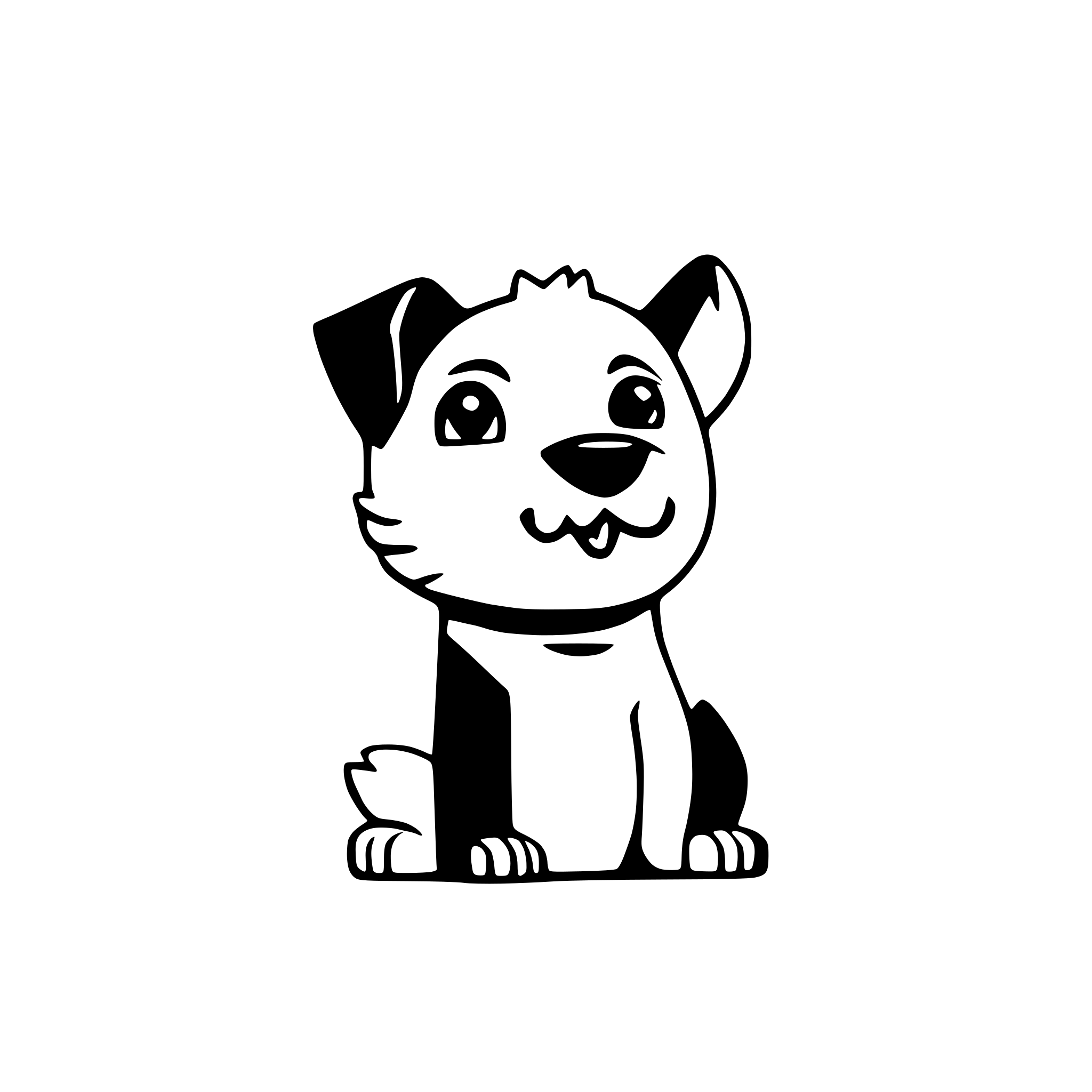 AI-generated SVG of a cartoon style black and white terrier dog, simplified geometric shapes, vector art illustration, black dog with white paws, white chest, white muzzle markings, orange collar, curled tail, floppy ears, mouth open, playful expression, three-quarter view facing right, blue gradient background, abstract blue wavy shapes, flat design, minimal details, bold colors, digital art, clean modern illustration, solid color blocks, stylized animal art, children's book illustration style