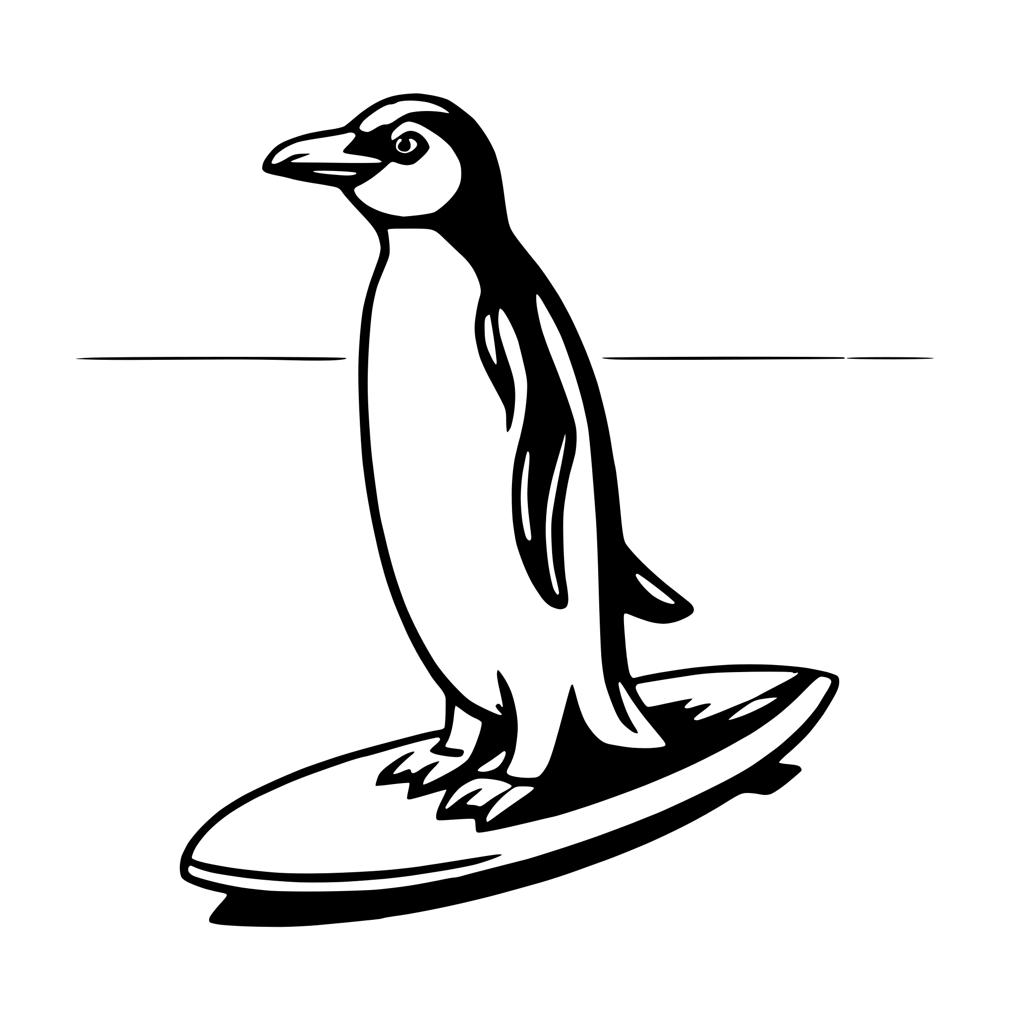 The SVG depicts a penguin standing on a surfboard. The penguin is facing to the right, with its head turned slightly towards the viewer. The surfboard is positioned horizontally, and the penguin's feet are placed on the front edge of the board. The penguin's body is elongated, with a distinct head, neck, body, and tail. The SVG is simple and uses solid lines to define the shapes of the penguin and the surfboard. There is no text or additional objects in the SVG. The penguin and the surfboard are the main objects, and their interaction is that the penguin is standing on the surfboard, which is a common activity for penguins in the wild. 