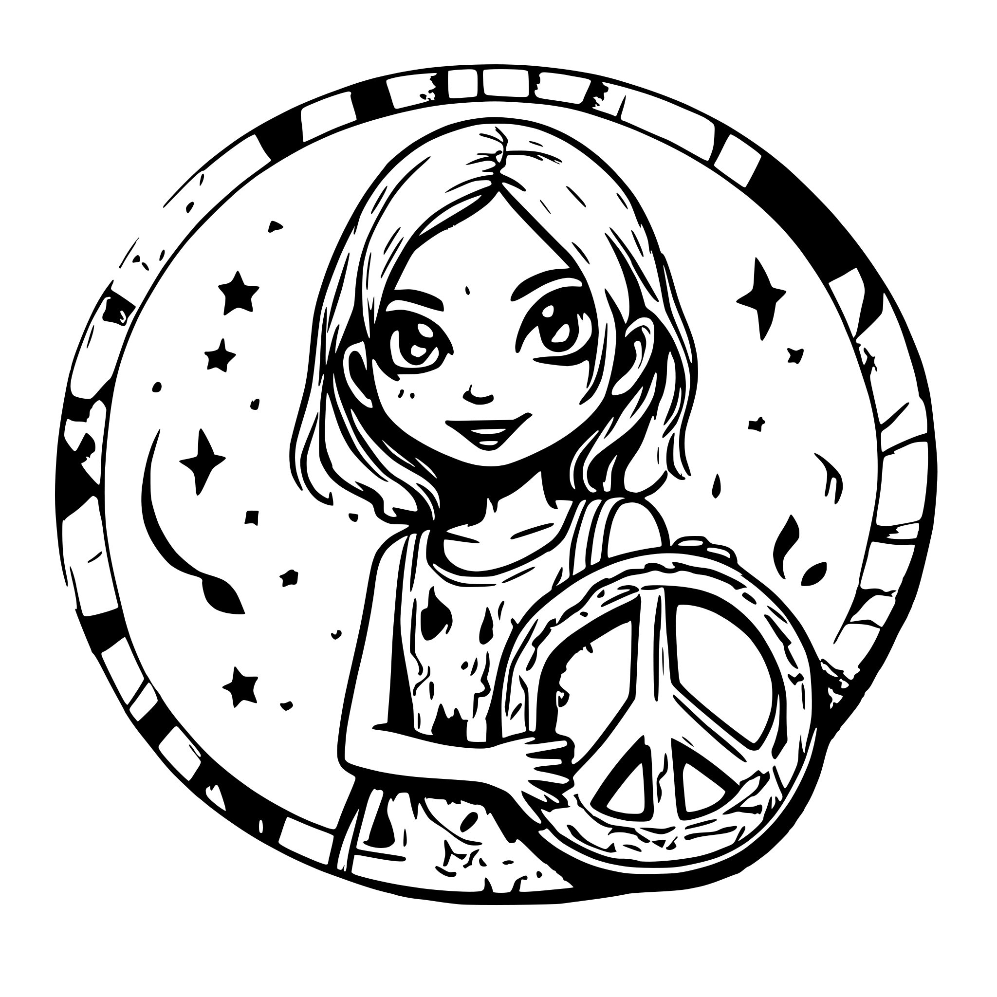 AI-generated SVG of a Cute smiling zombie girl encircled in a coin with stars and moon in the background. Wearing a tank top and showing peace sign with her hand. you can see her from head to knees