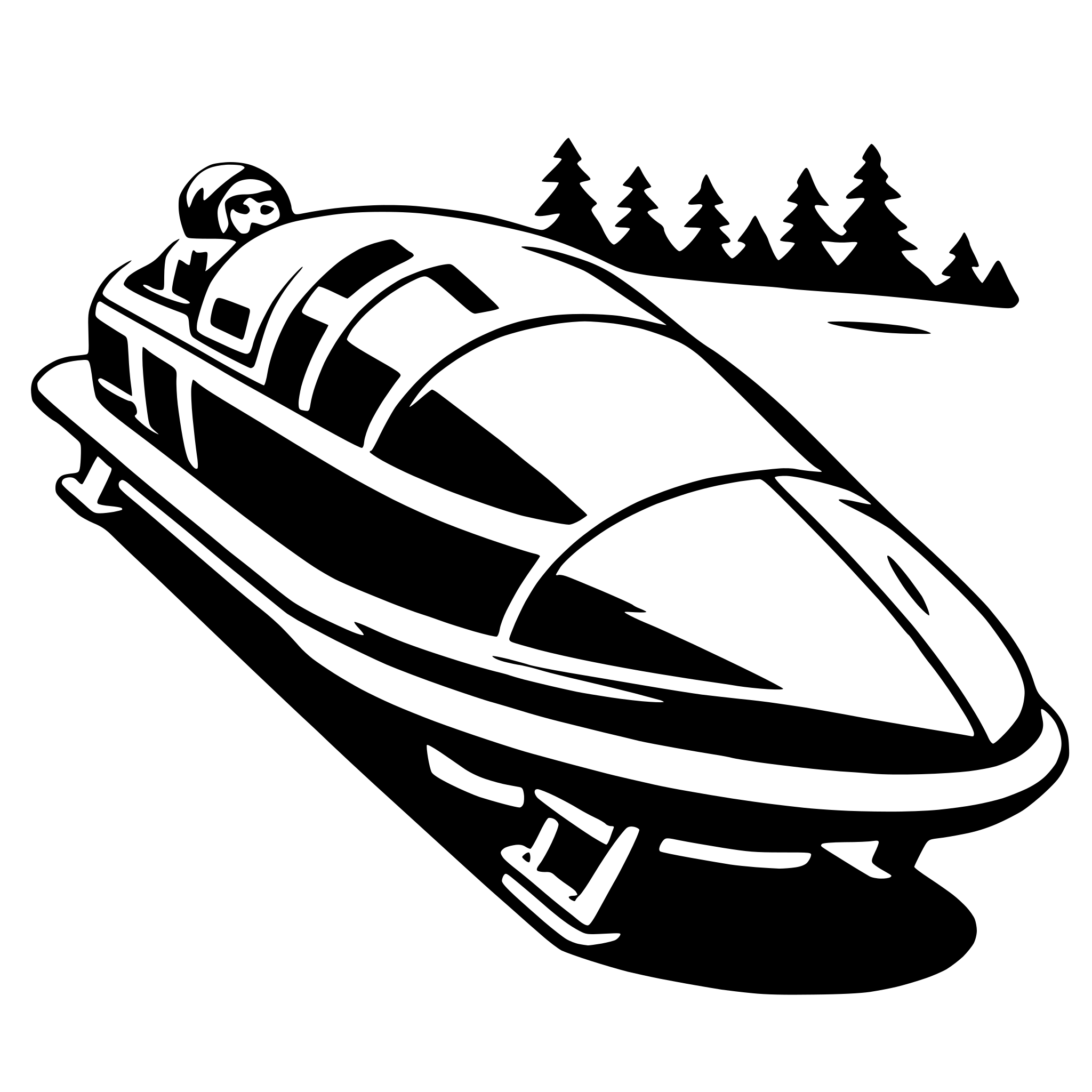 The SVG depicts a stylized, cartoon-like illustration of a person in a sled, which appears to be a luge or skeleton sled, designed for high-speed racing. The sled is elongated and streamlined, with a pointed nose and a smooth, curved body. The person is seated inside the sled, wearing a helmet and a suit, with their arms outstretched for balance. The background suggests a winter landscape with snow-covered ground and a line of trees in the distance. The style of the illustration is simplistic and uses solid black lines against a white background, with no shading or gradients, giving it a flat appearance. 