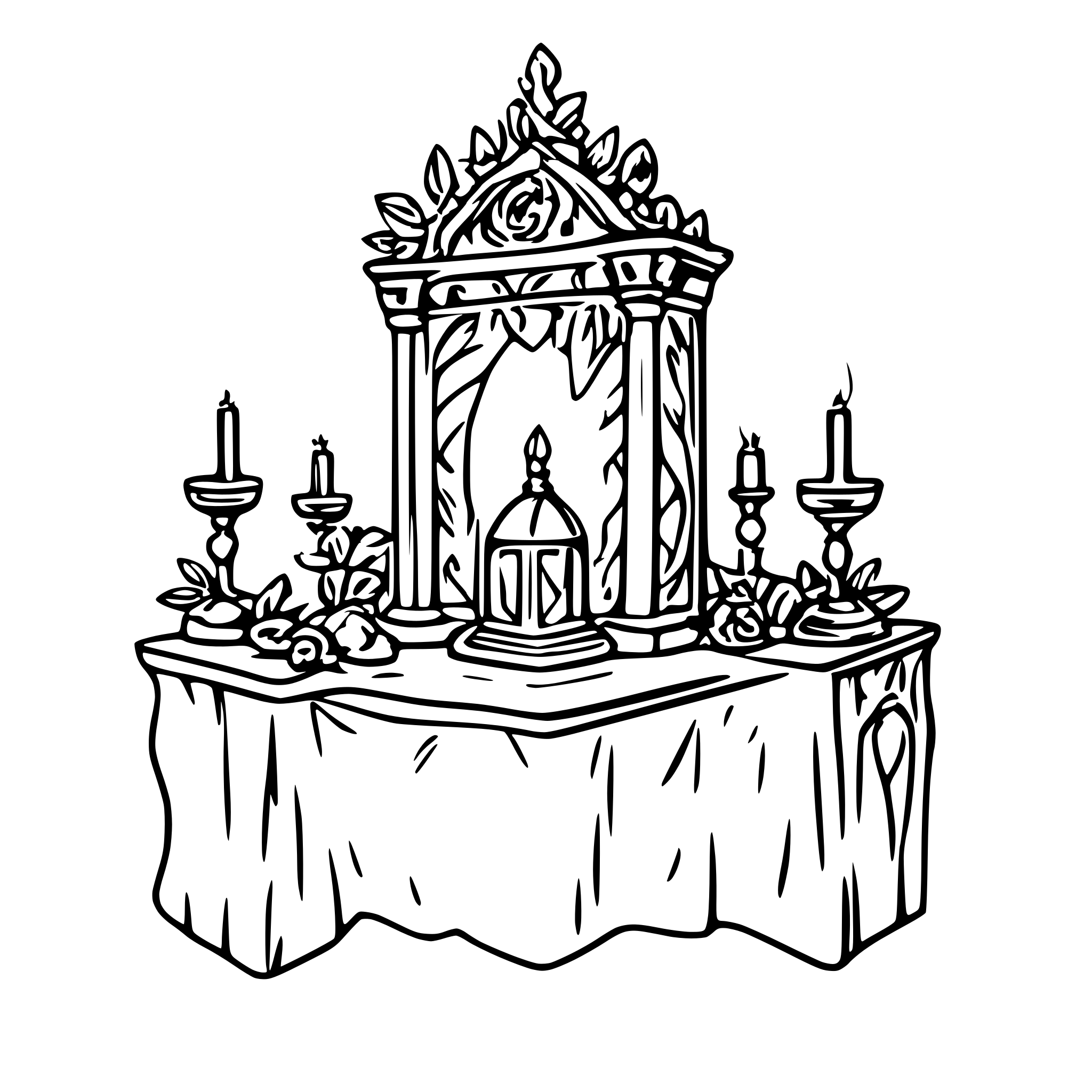 AI-generated SVG of a grimdark altar of saint rocco with flying skulls and laurels and lit candles