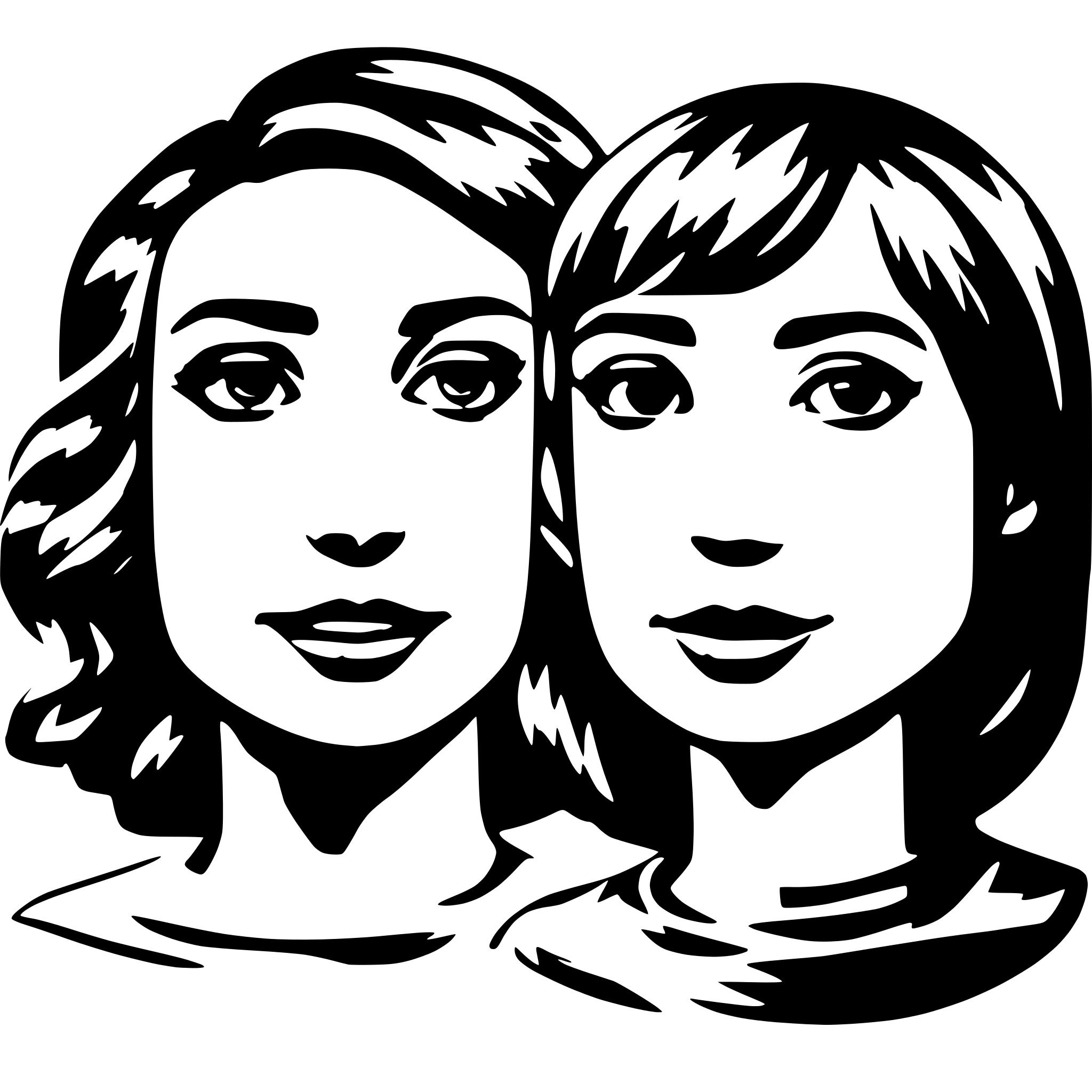 AI-generated SVG of a 2 faces of people talking, abstract, black and white