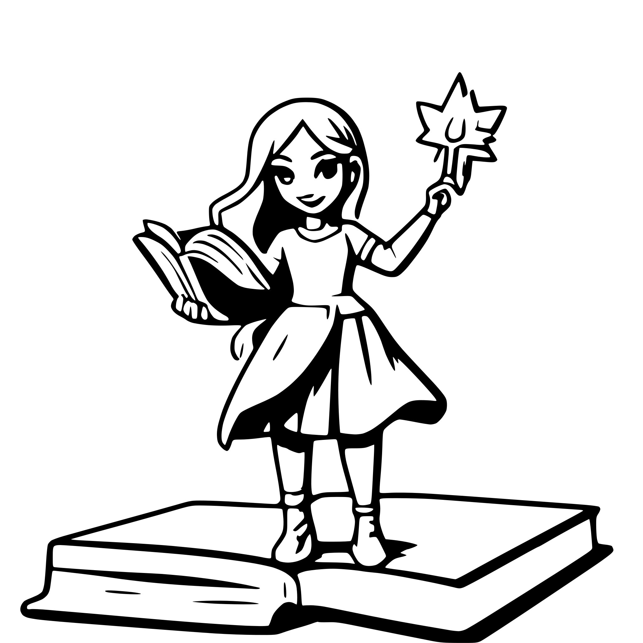 AI-generated SVG of a a heroine holding a sword standing on top of a huge opened book, light like a sun over book
