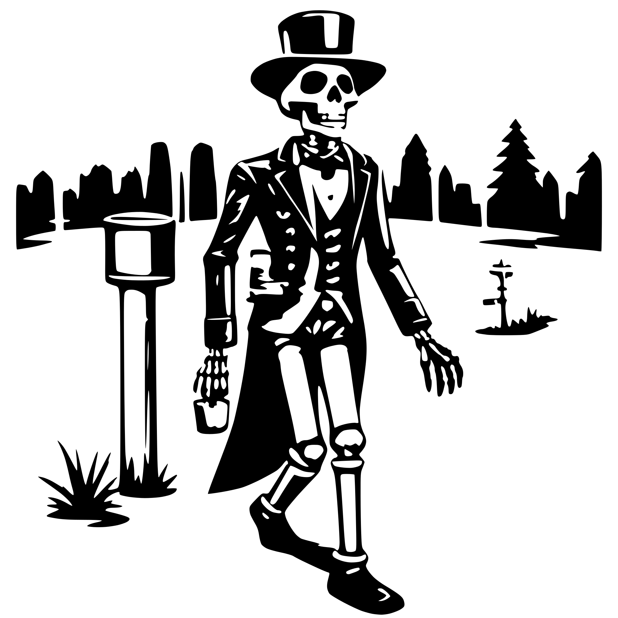AI-generated SVG of a a skeleton with hat cylinder and a suits going with a ca for a walk AI-generated SVG of a a skeleton with hat cylinder and a suits going with a ca for a walk