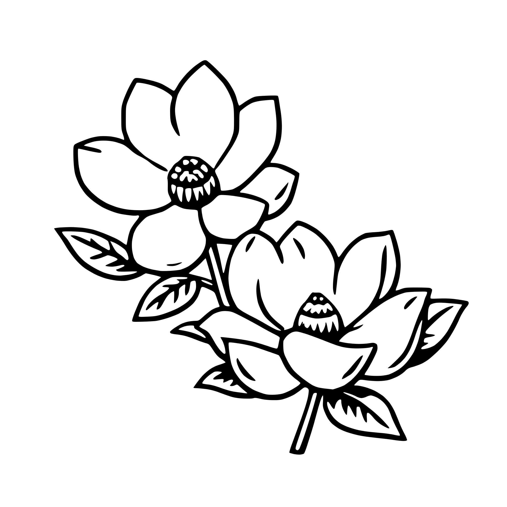 The SVG depicts a stylized black and white illustration of a flower with five petals, a central disc, and a stem with two leaves. The petals are arranged in a symmetrical pattern, with the central disc at the center of the flower. The leaves are attached to the stem, which extends from the bottom of the SVG. The style of the illustration is simple and graphic, with clean lines and minimal shading. 