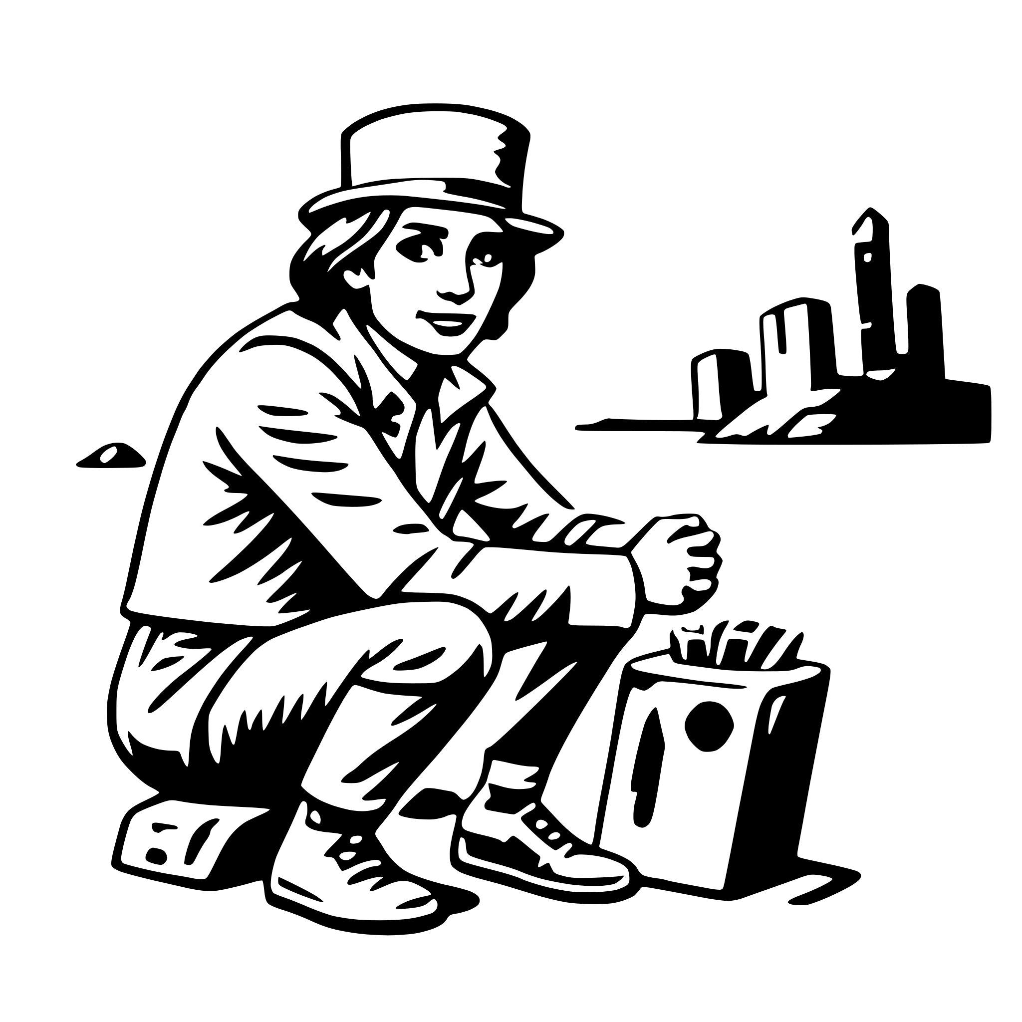 The SVG depicts a stylized black and white illustration of a person sitting on the ground with a hat on their head. They are holding a bag with a handle, and there is a small brick structure next to them. The person appears to be looking towards the structure, which could be interpreted as a small building or monument. The overall style is reminiscent of a comic or cartoon, with bold outlines and minimal shading. 