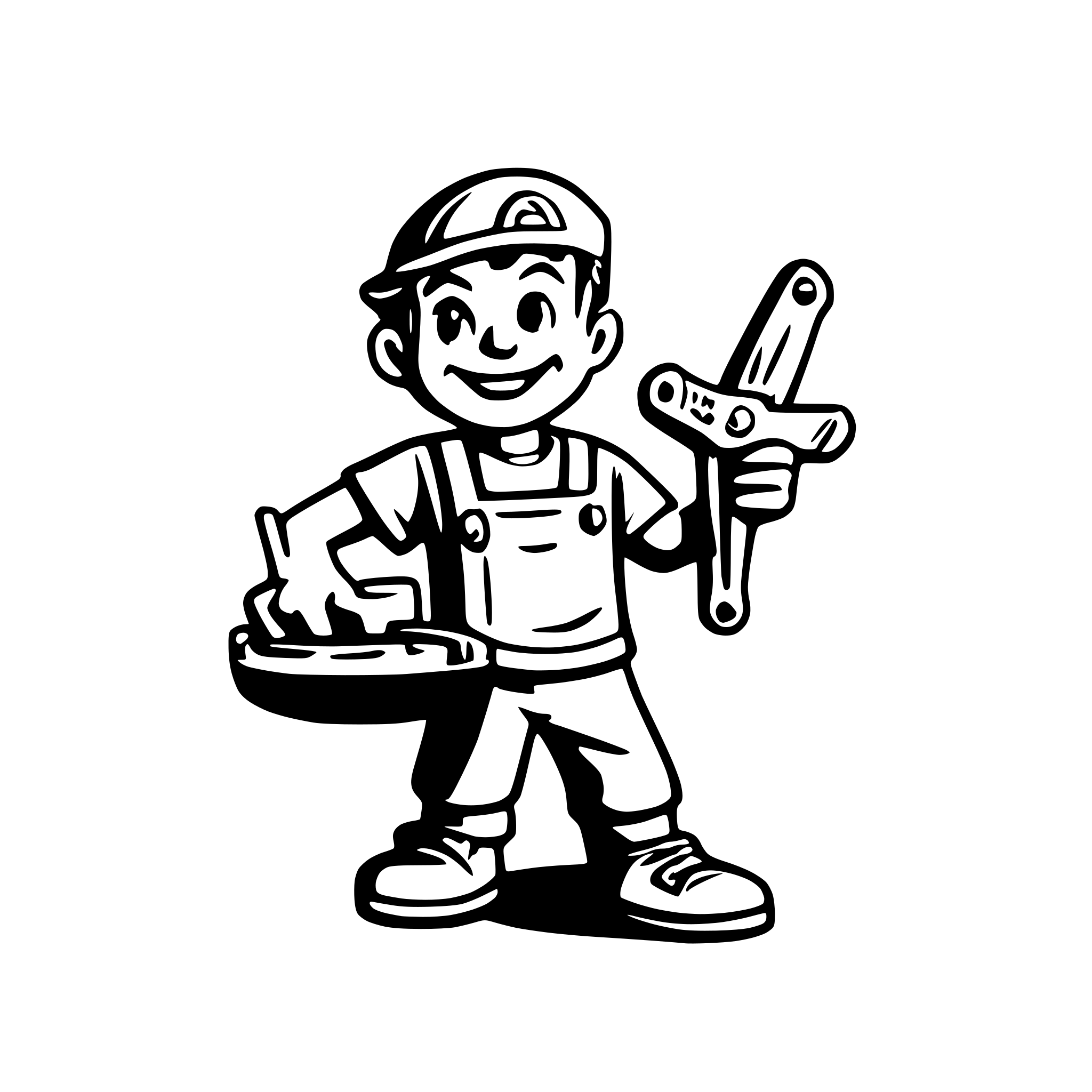 AI-generated SVG of a Create a 1950s‑style sign: “Jerry’s Workshop.” Include a smiling cartoon handyman mascot gripping a wrench and saw blade, vintage script lettering, riveted metal border. Use thick retro outlines, closed paths, text converted to outlines, CNC‑friendly shapes.