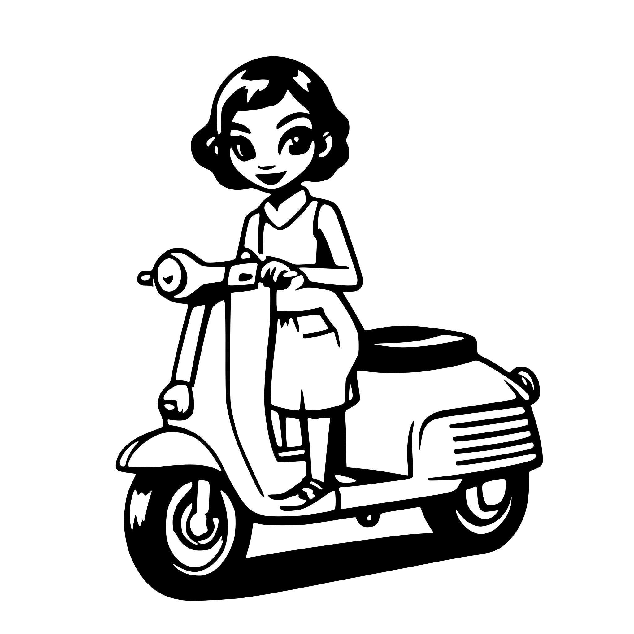 AI-generated SVG of a Short hairs colored black women on a vespa