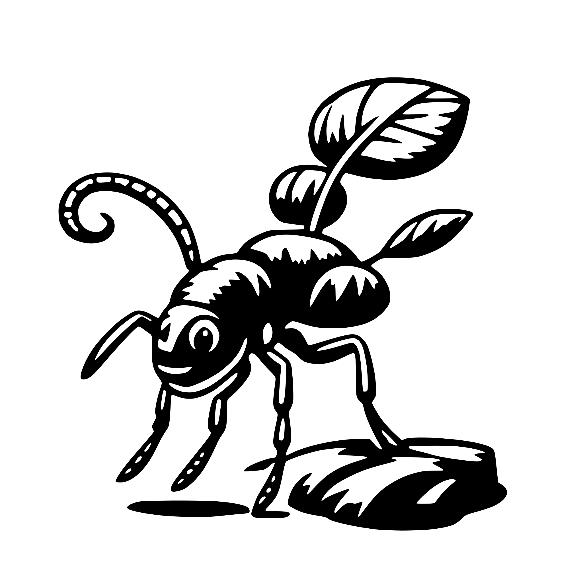 The SVG depicts a stylized, cartoon-like illustration of a beetle. The beetle is standing on a leaf, with its antennae raised and its body facing the viewer. The beetle's legs are spread out, and it appears to be in a relaxed or resting position. The leaf on which the beetle stands has a detailed texture, suggesting a natural, organic surface. The beetle's body is elongated, with a smooth, rounded shape, and it has a pair of large, round eyes that are looking directly at the viewer. The overall style of the SVG is simple and clean, with bold outlines and minimal shading. 