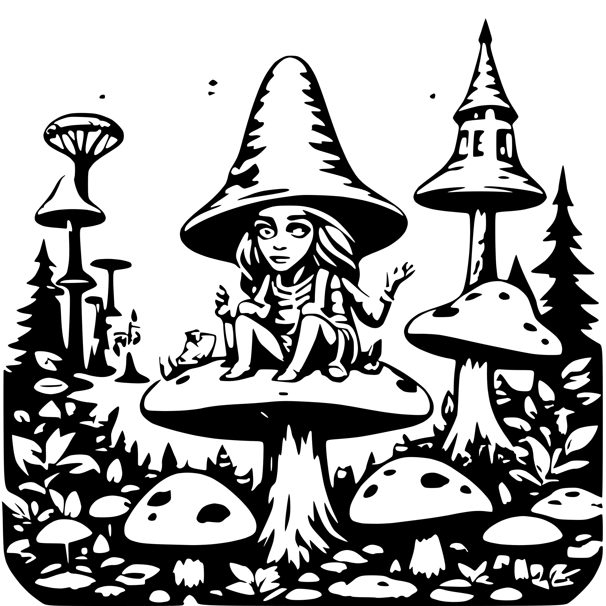 AI-generated SVG of a Aliens sitting on mushrooms in a psychedelic forest and wizard