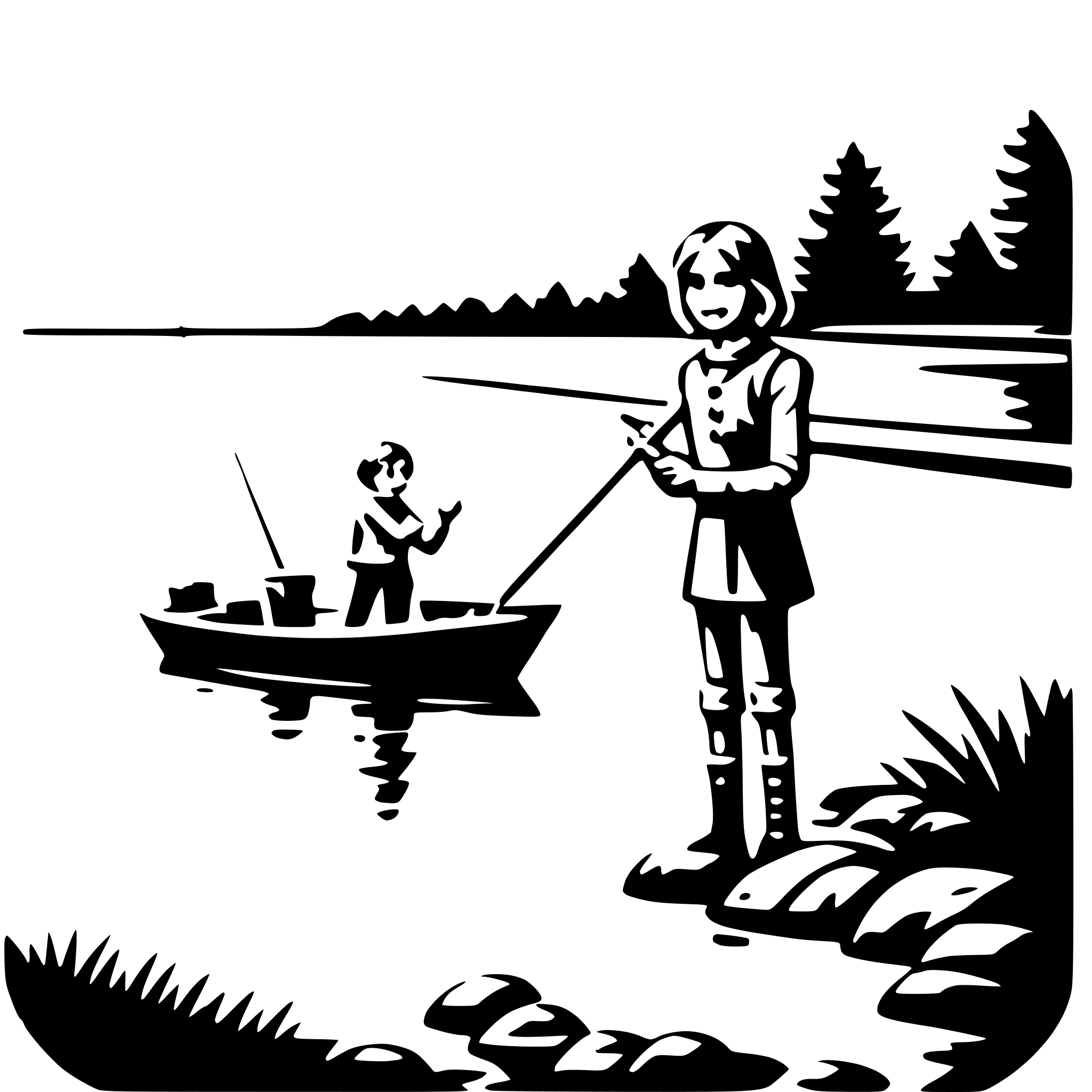 The SVG depicts a tranquil scene of two individuals engaged in fishing. On the left, there is a person standing on the shore, holding a fishing rod and casting a line into the water. On the right, another person is in a small boat, also holding a fishing rod and seemingly waiting for the line to be cast. The boat is floating on calm water, and the person in the boat appears to be focused on the fishing activity. The background features a serene landscape with trees and a clear sky, suggesting a peaceful day outdoors. The interaction between the two individuals suggests a shared interest in fishing and a possible bond between them. 